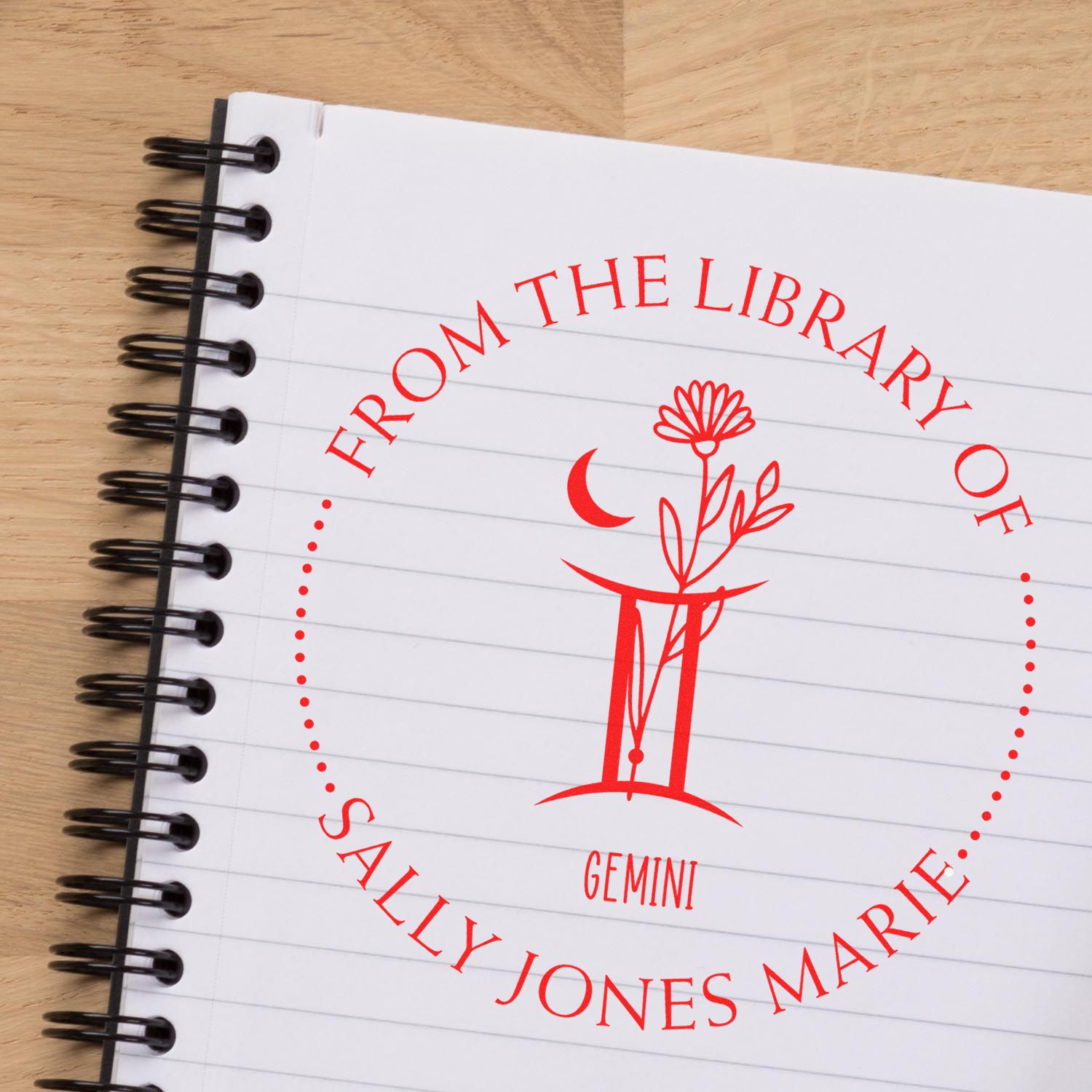 Pre-Inked Gemini Zodiac Symbol with Flowers Customized Personal Library Stamp - Engineer Seal Stamps