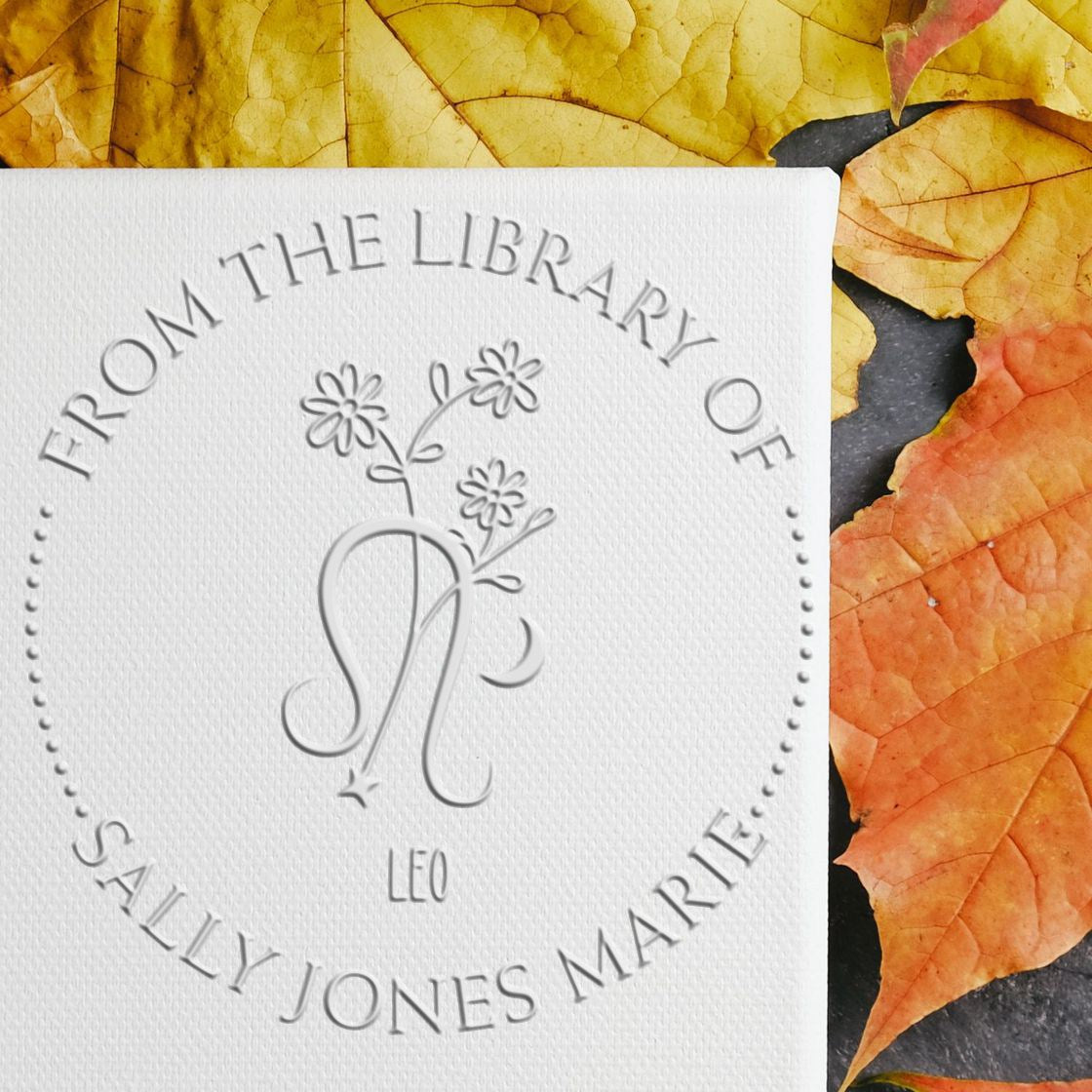Desk Leo Zodiac Symbol with Flowers Personalized Bibliophile Embossed Stamp - Engineer Seal Stamps