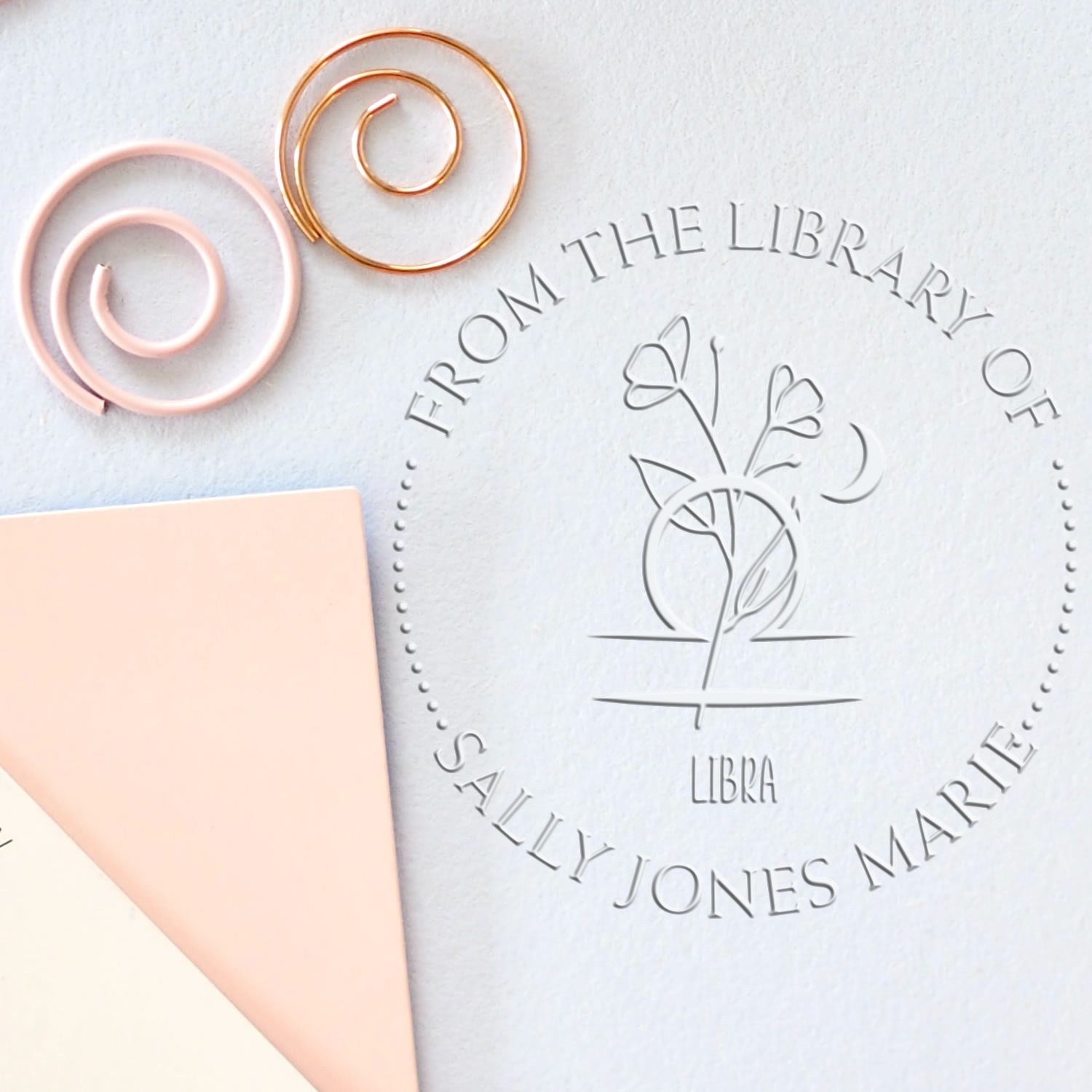 Soft Libra Zodiac Symbol with Flowers Custom Made Name Seal Press