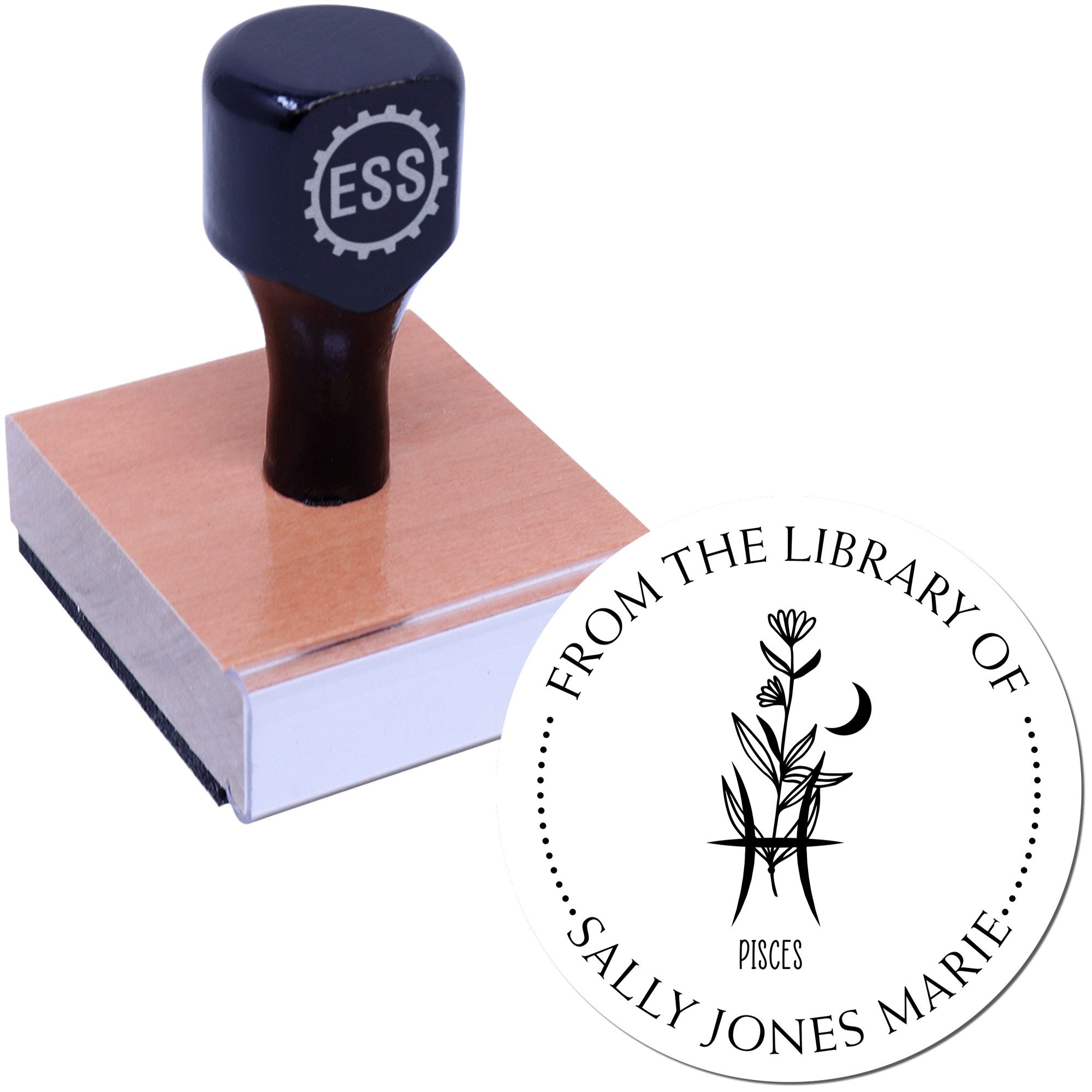 Wood Handle Pisces Zodiac Symbol with Flowers Custom Name Stamp - Engineer Seal Stamps