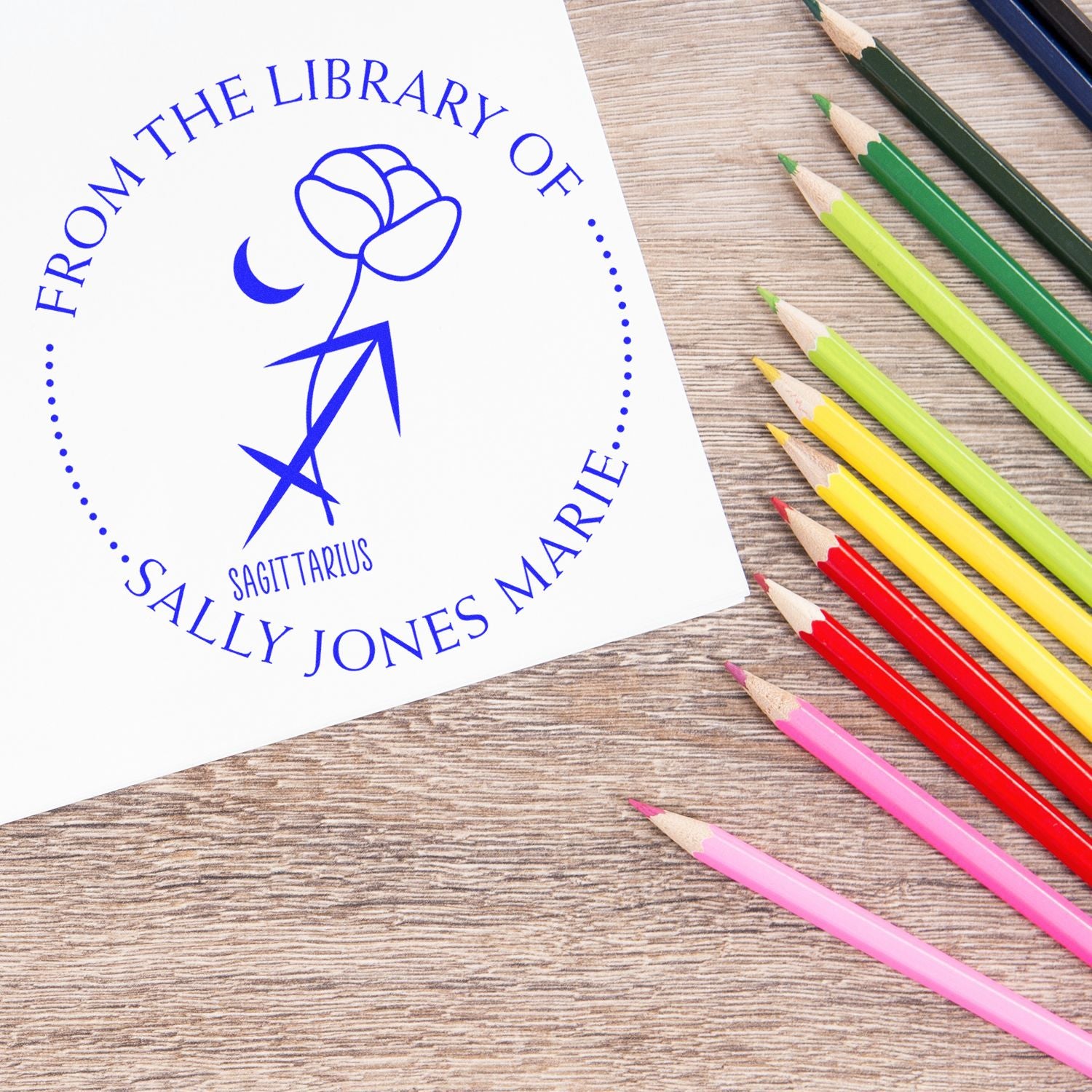 PSI Pre-Inked Sagittarius Zodiac Symbol with Flowers Personalized Read It Stamp - Engineer Seal Stamps