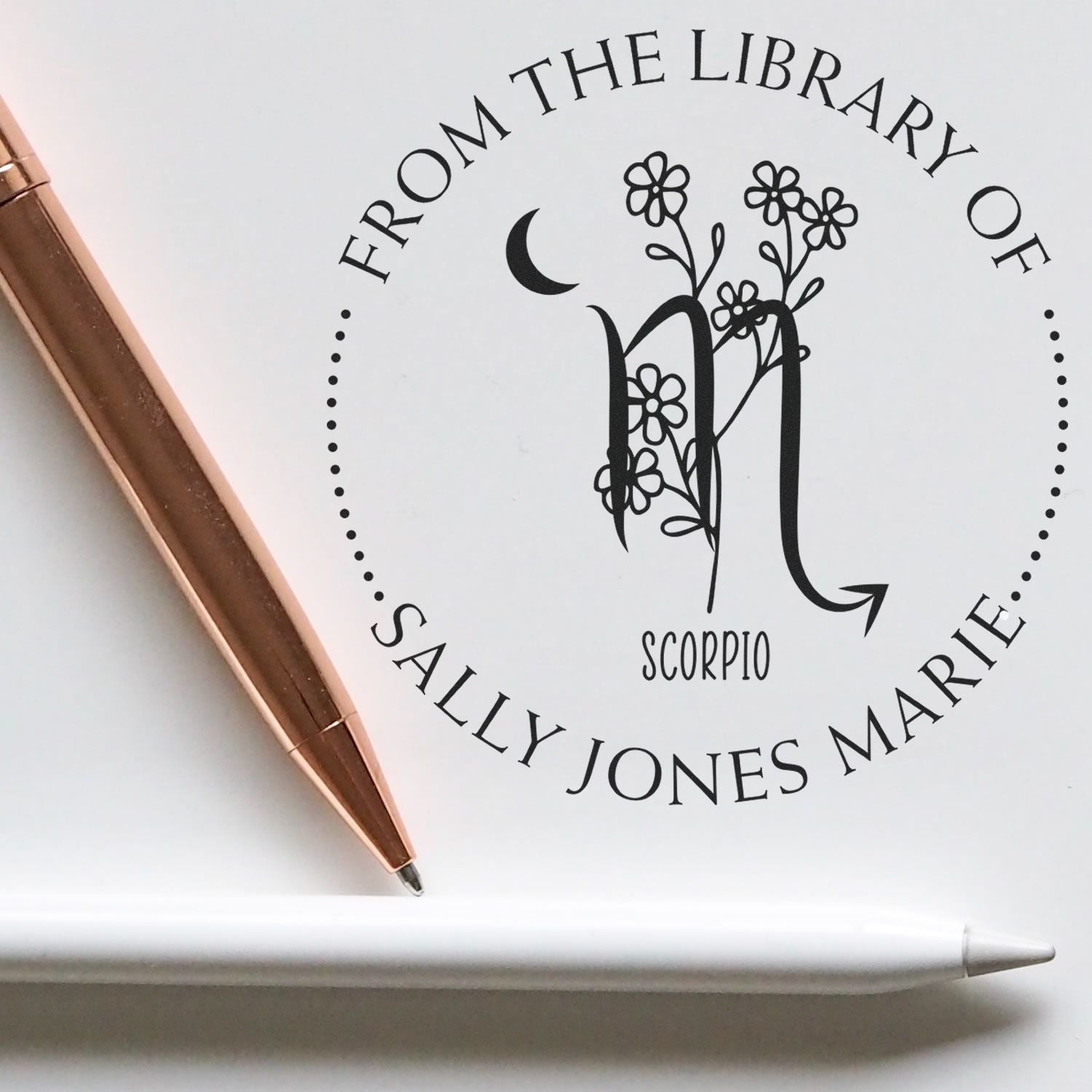 Pre-Inked Scorpio Zodiac Symbol with Flowers Customized Reader Stamp - Engineer Seal Stamps