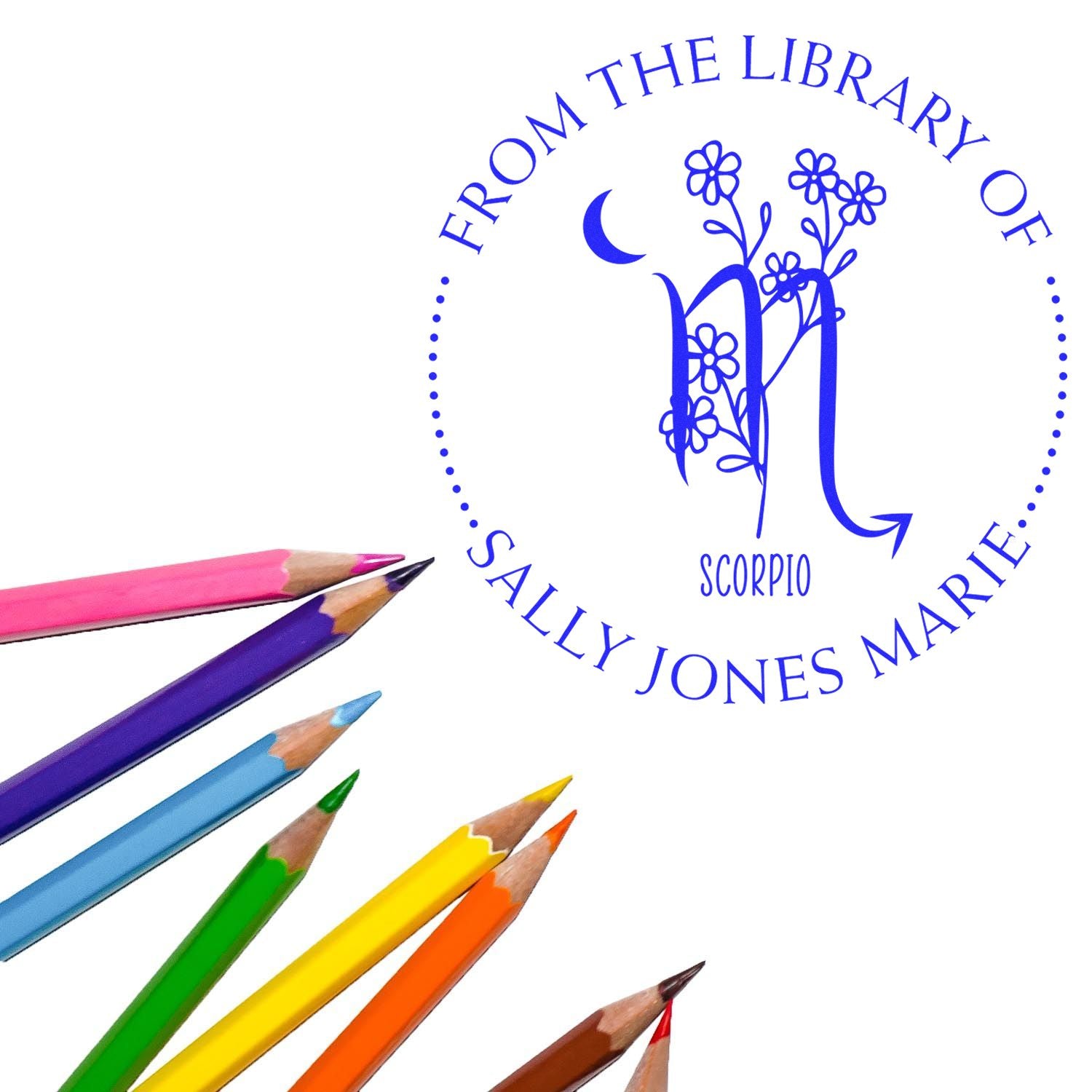 Self-Inking Scorpio Zodiac Symbol with Flowers Custom Made Private Library Stamp - Engineer Seal Stamps