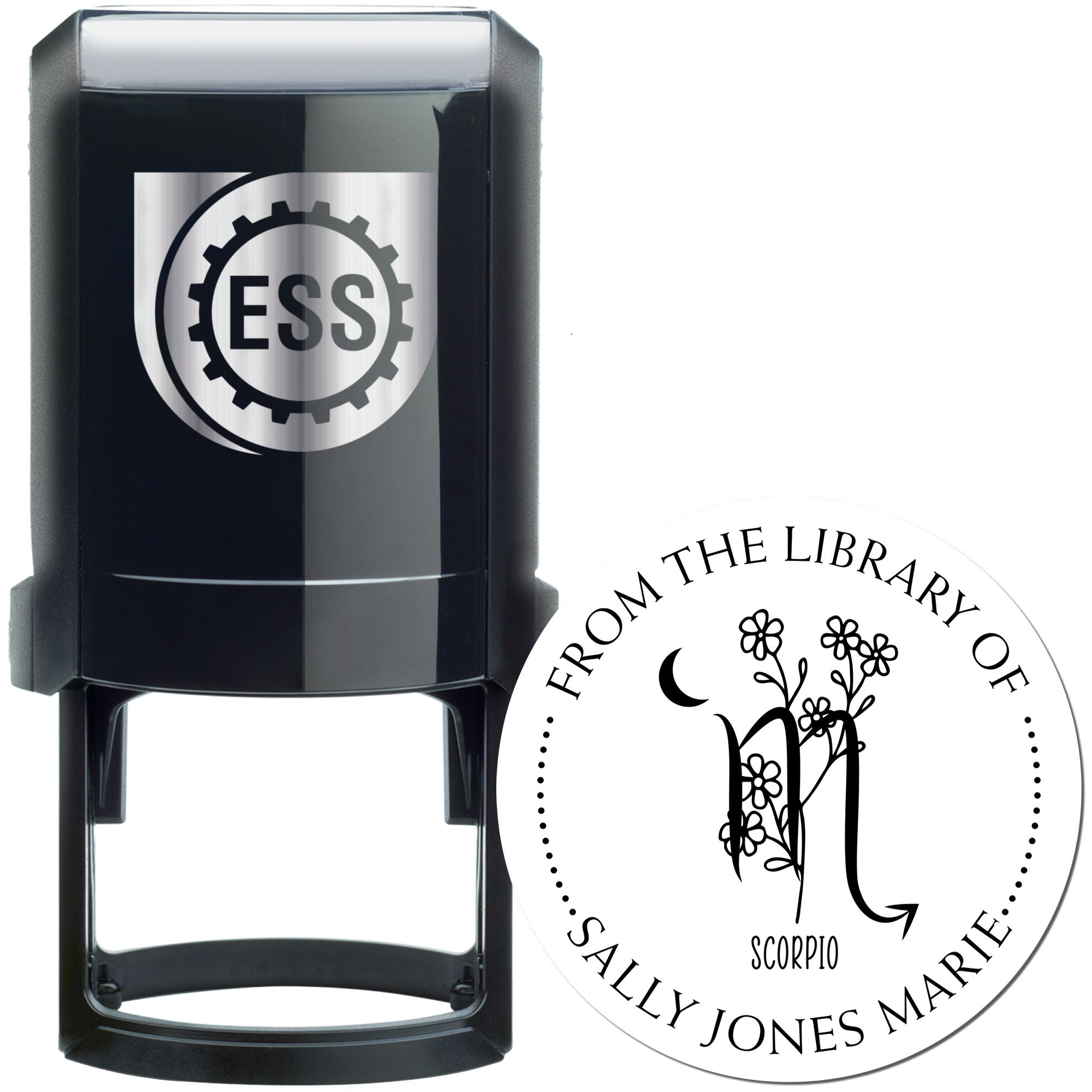 Self-Inking Scorpio Zodiac Symbol with Flowers Custom Made Private Library Stamp - Engineer Seal Stamps