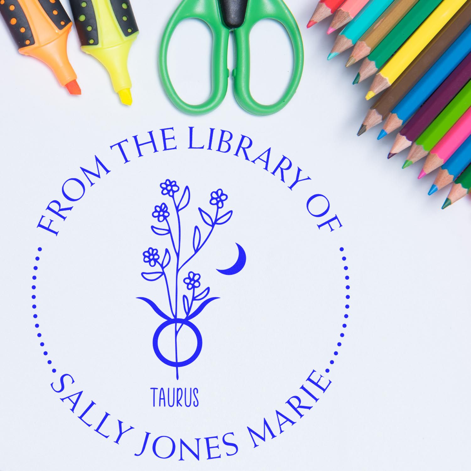 Self-Inking Taurus Zodiac Symbol with Flowers Custom Made Read It Stamp - Engineer Seal Stamps