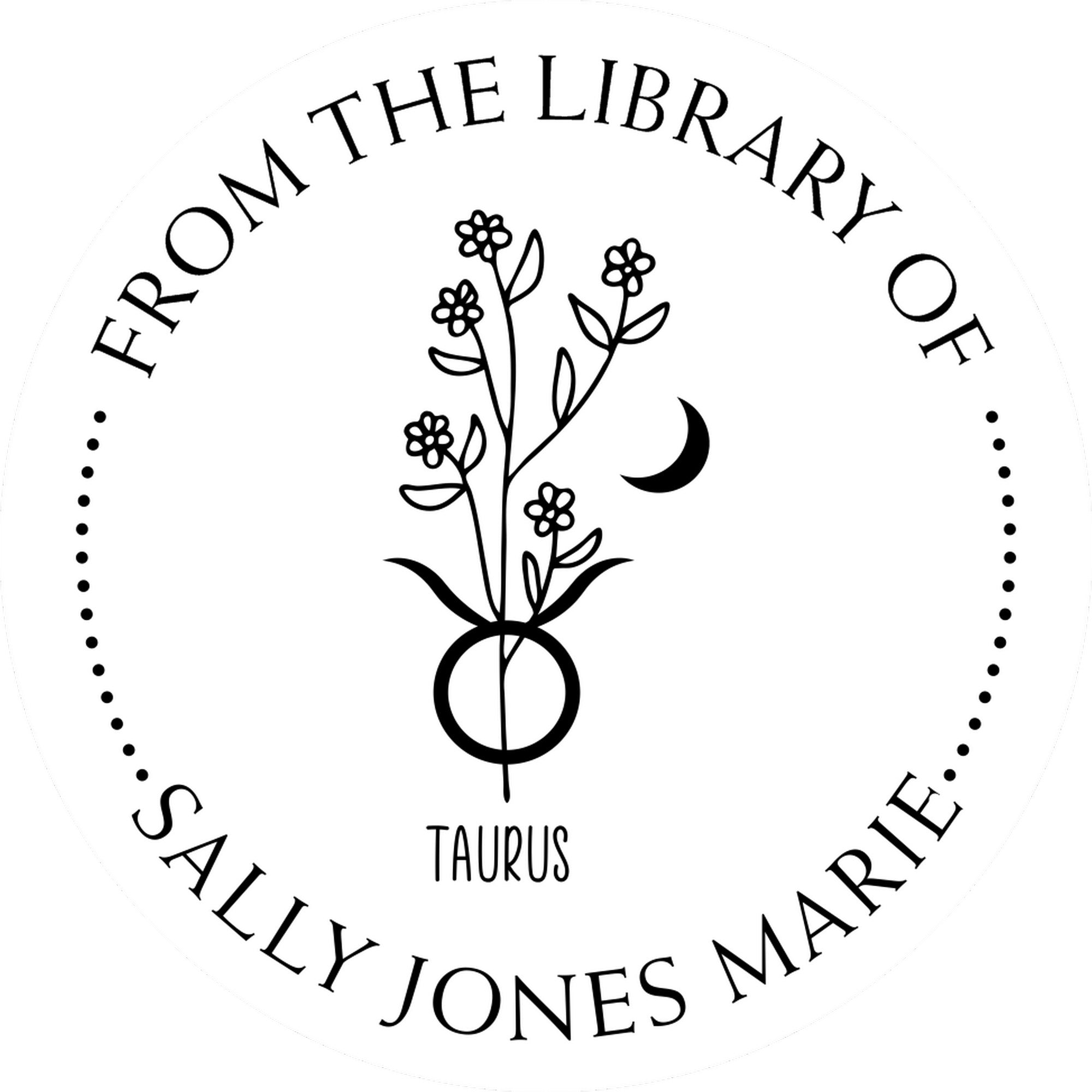 Wood Handle Taurus Zodiac Symbol with Flowers Custom Personal Library Stamp