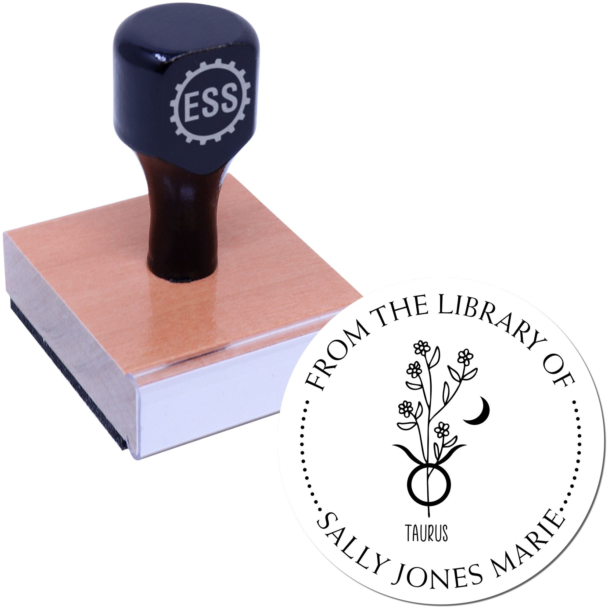 Wood Handle Taurus Zodiac Symbol with Flowers Custom Personal Library Stamp