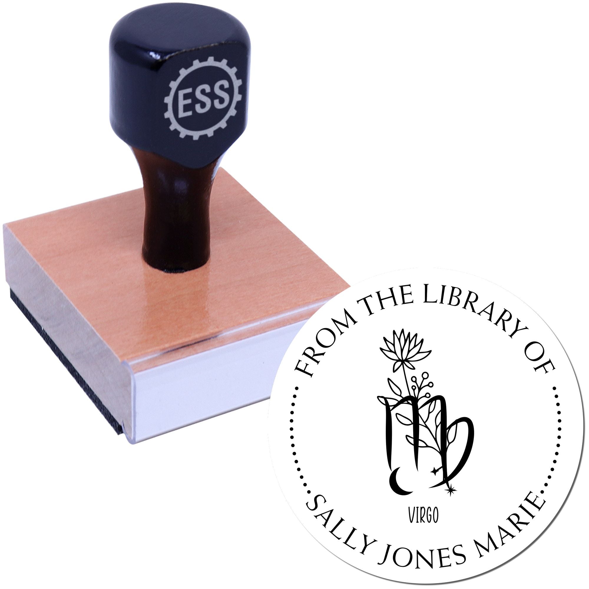 Wood Handle Virgo Zodiac Symbol with Flowers Custom Private Library Stamp