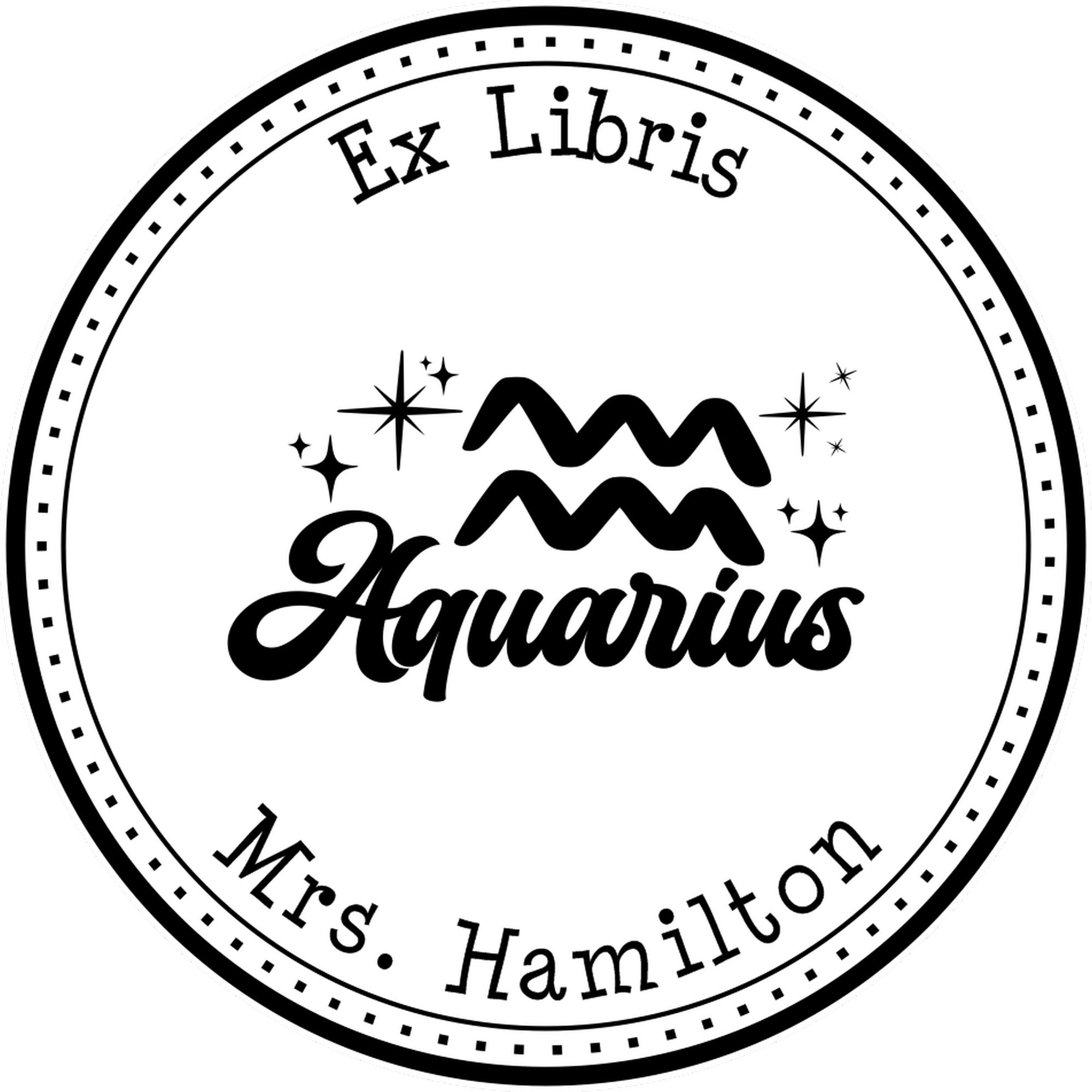 Wood Handle Aquarius Zodiac Symbol with Scripted Font Customized Bookplate Stamper