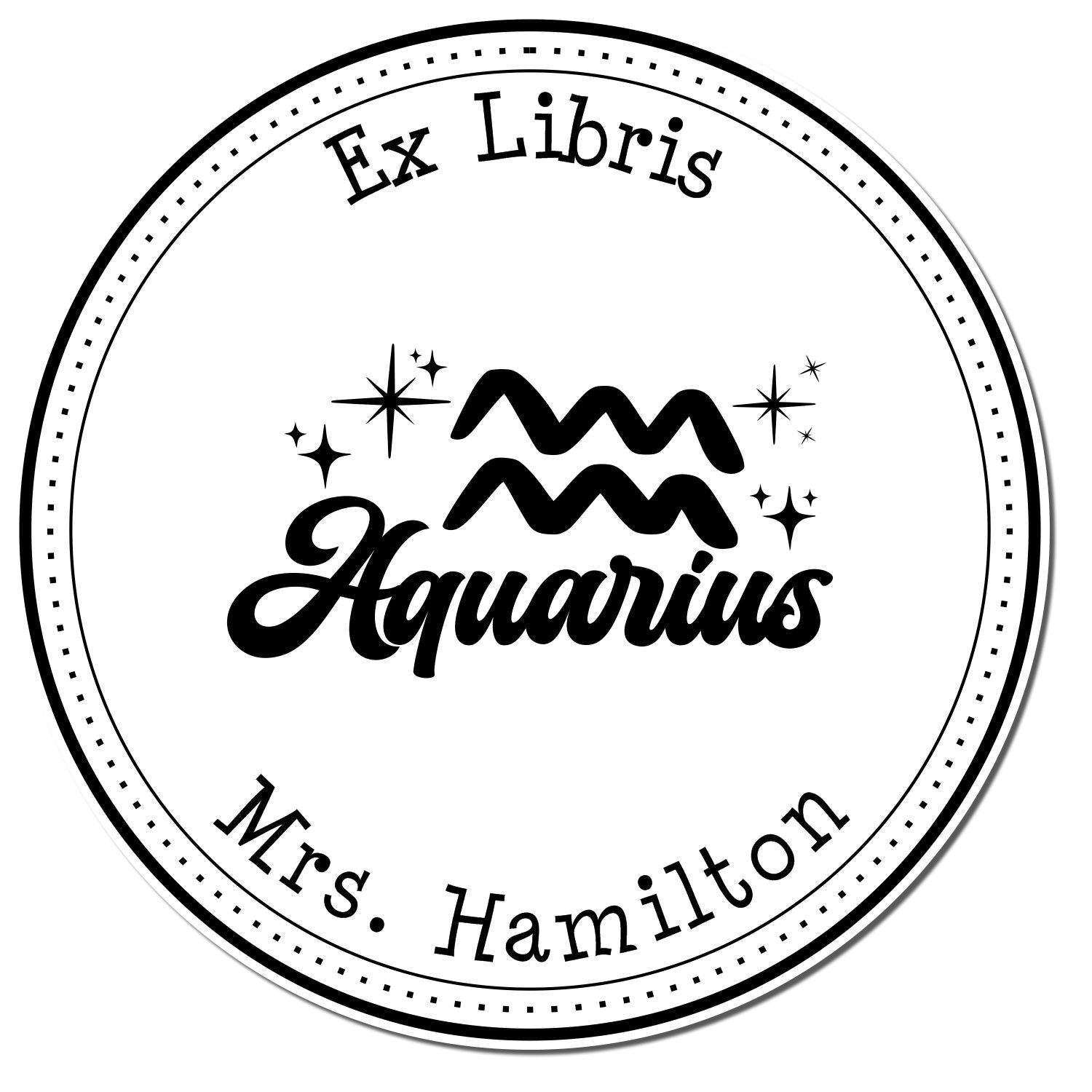 Black-and-white circular Ex Libris stamp seal for Mrs. Hamilton with Aquarius symbol, sparkles, and dotted border.