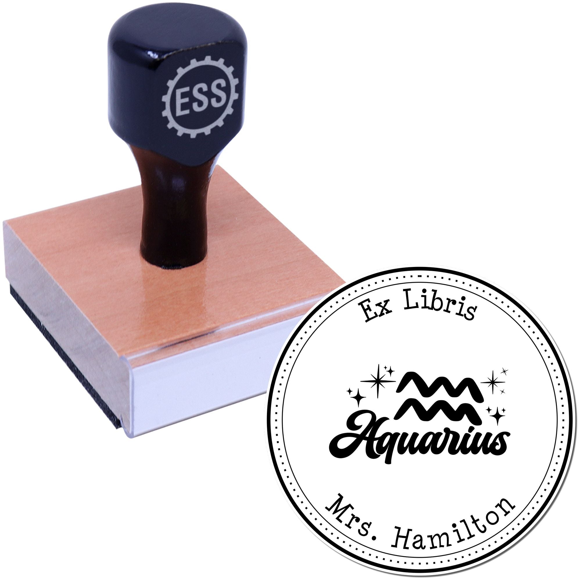 Wood Handle Aquarius Zodiac Symbol with Scripted Font Customized Bookplate Stamper