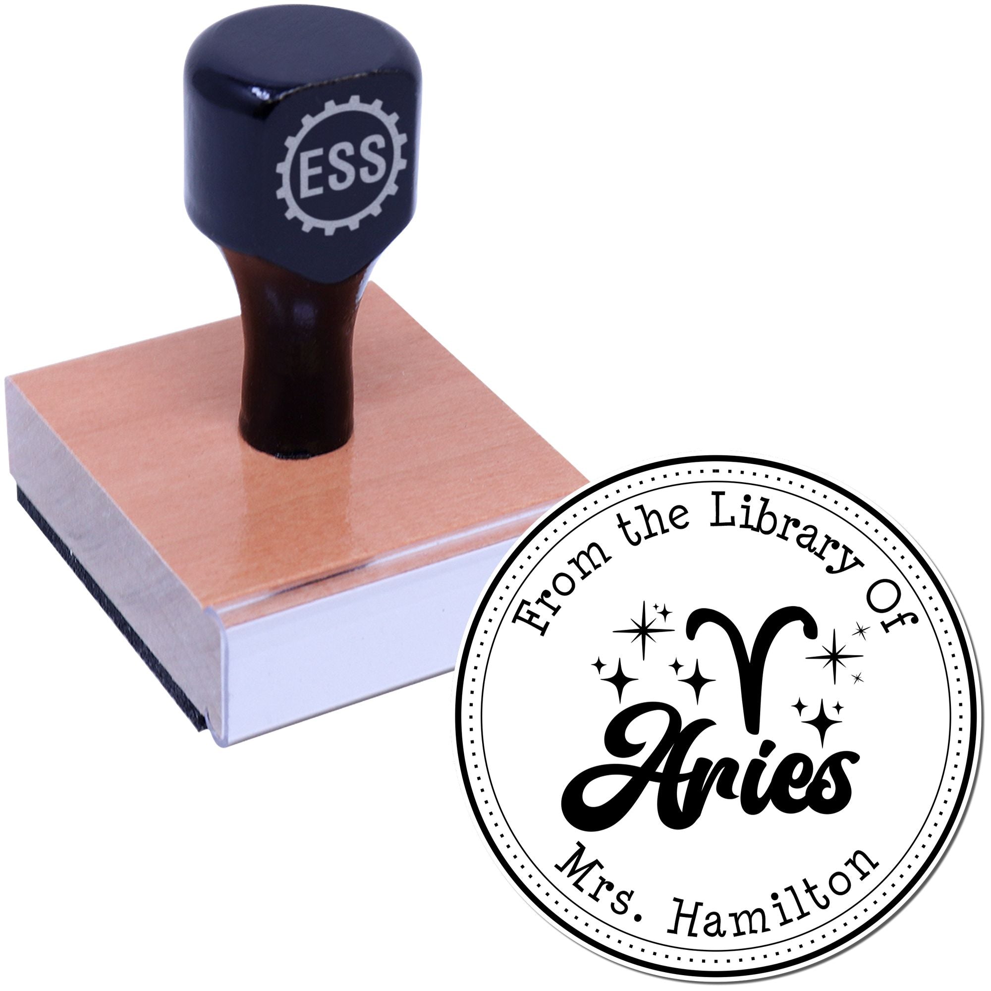 Wood Handle Aries Zodiac Symbol with Scripted Font Customized Bookworm Stamp