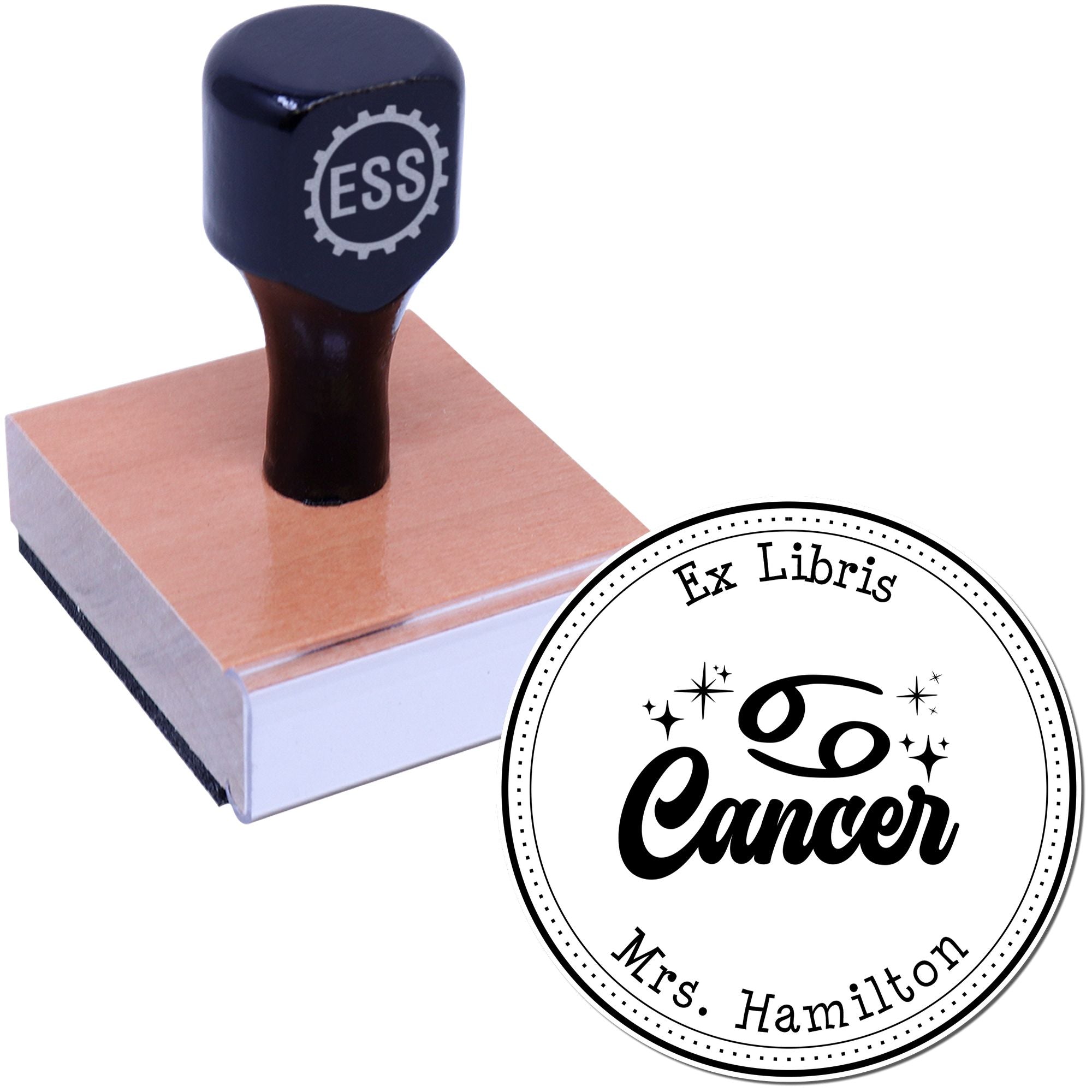 Wood Handle Cancer Zodiac Symbol with Scripted Font Customized Bookworm Stamper - Engineer Seal Stamps