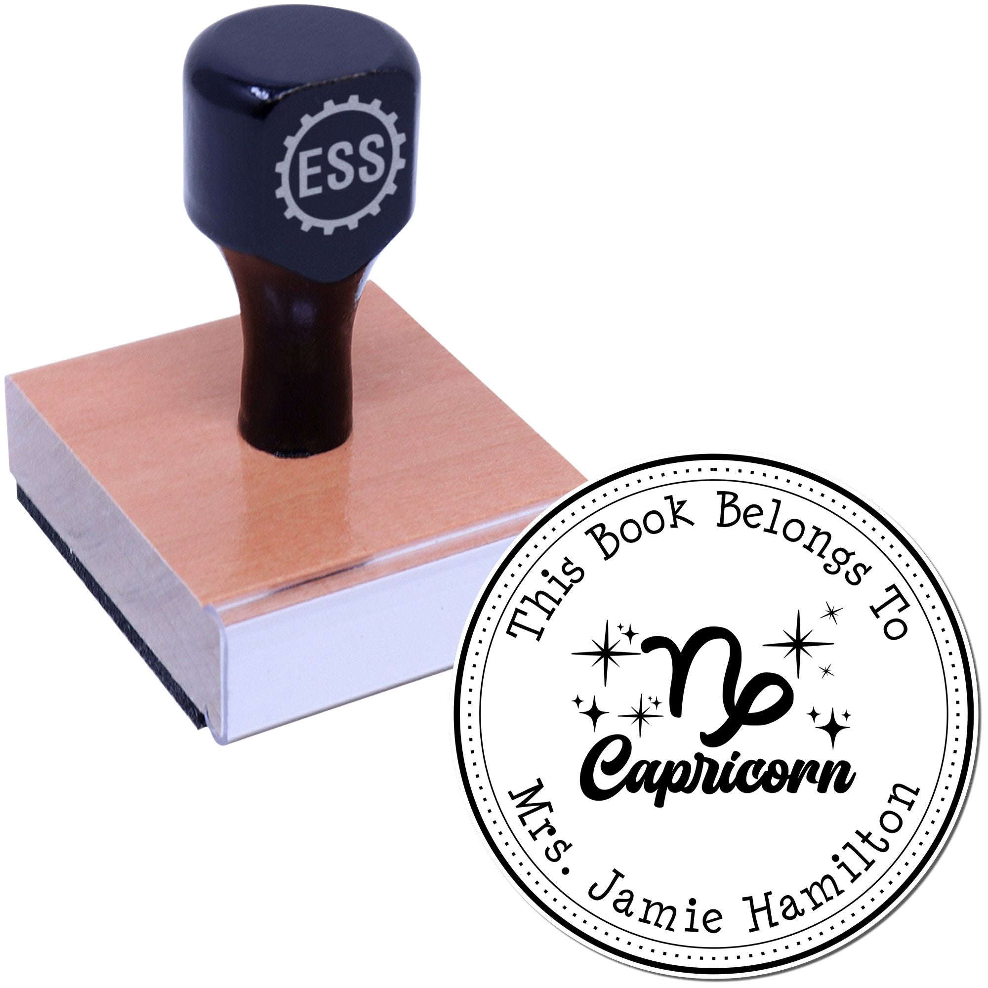 Wood Handle Capricorn Zodiac Symbol with Scripted Font Customized From The Library Of Stamp - Engineer Seal Stamps