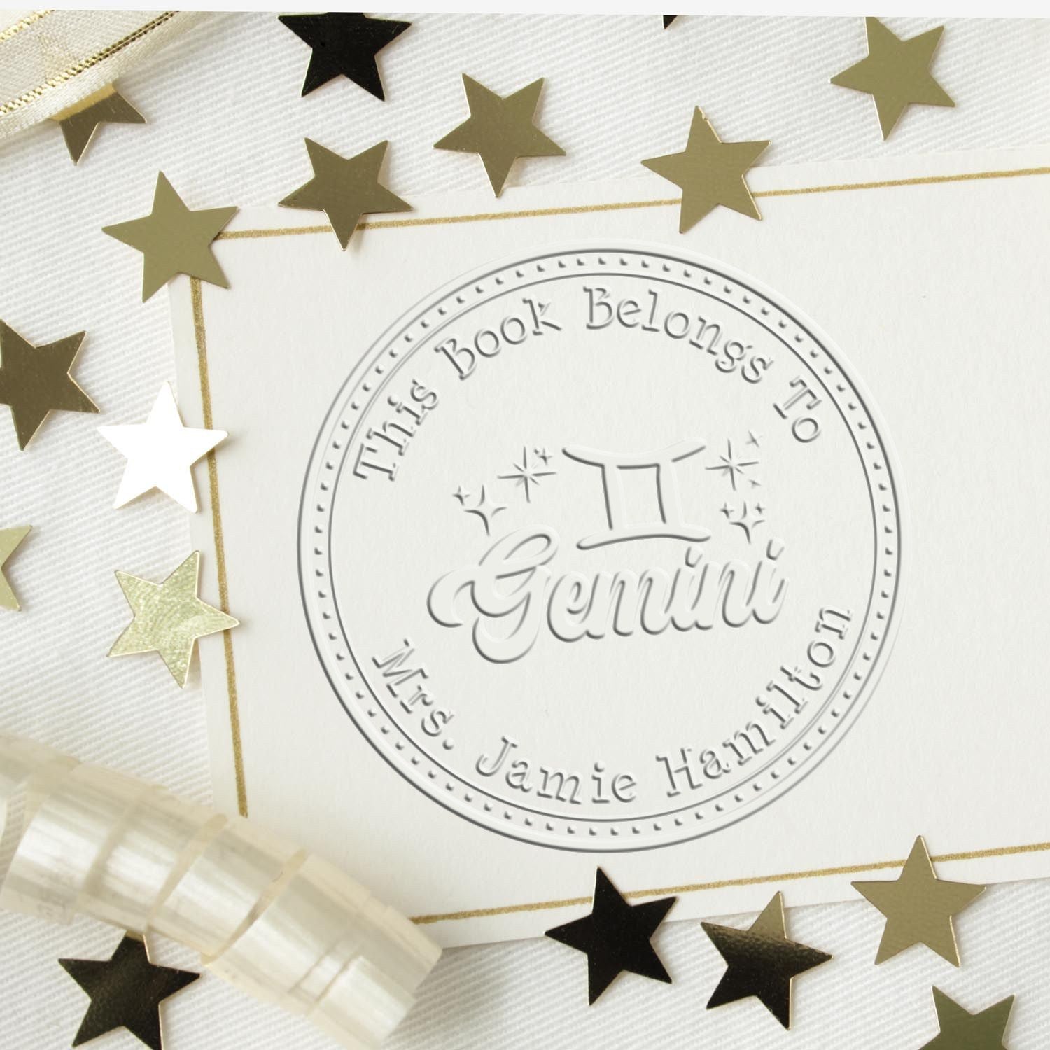 Soft Gemini Zodiac Symbol with Scripted Font Personalized Book Embossing Seal