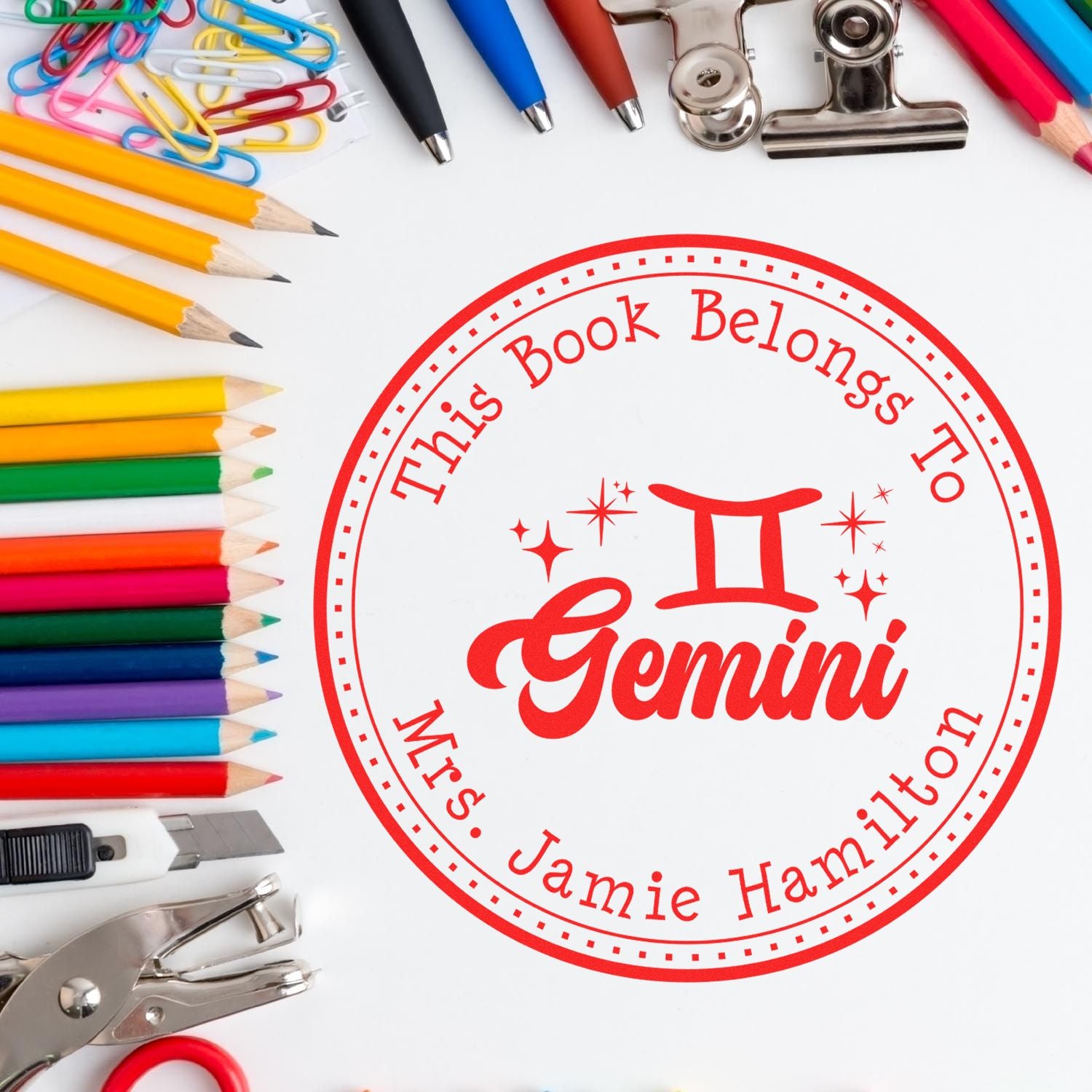 Wood Handle Gemini Zodiac Symbol with Scripted Font Customized From The Library Of Stamper - Engineer Seal Stamps