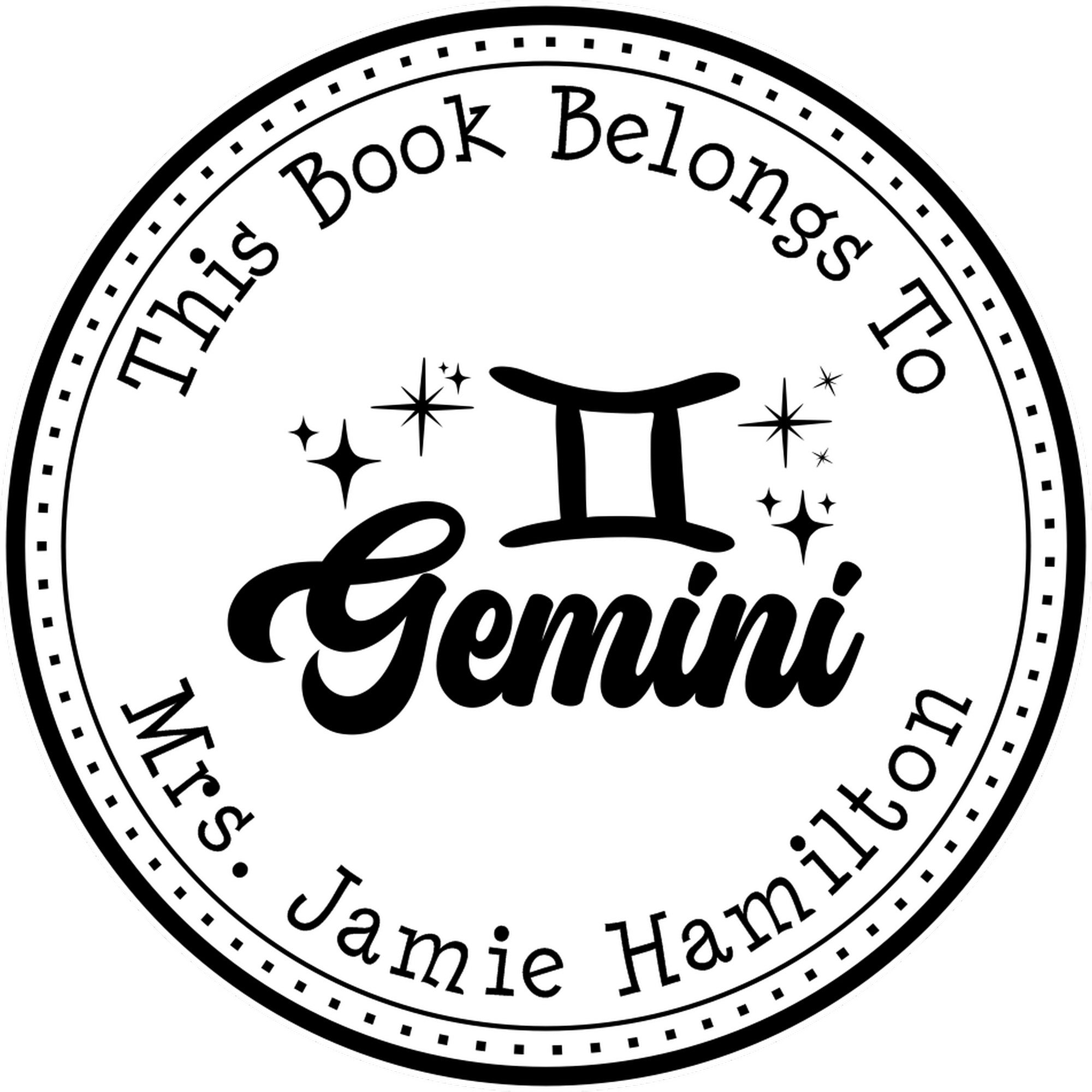 Pre-Inked Gemini Zodiac Symbol with Scripted Font Custom This Book Belongs To Stamper - Engineer Seal Stamps