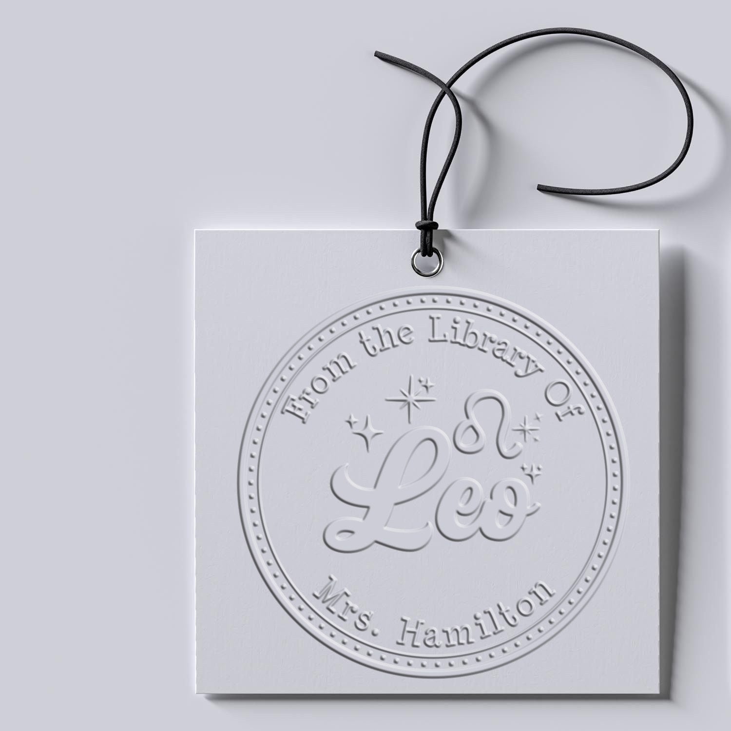 Hybrid Leo Zodiac Symbol with Scripted Font Personalized Book Ownership Embossing Stamp - Engineer Seal Stamps