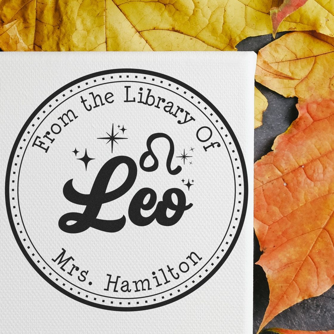 Wood Handle Leo Zodiac Symbol with Scripted Font Customized Library Stamp - Engineer Seal Stamps
