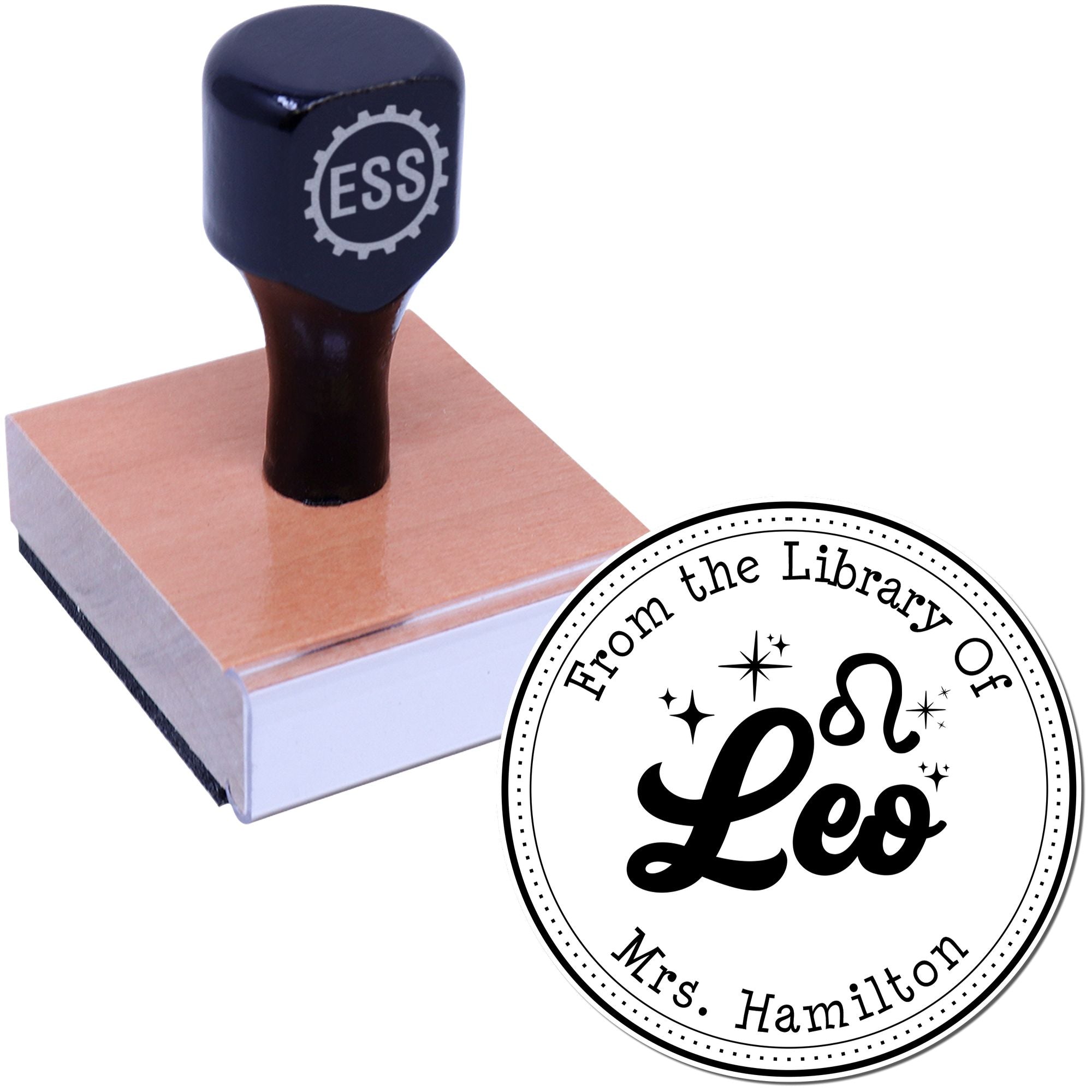 Wood Handle Leo Zodiac Symbol with Scripted Font Customized Library Stamp - Engineer Seal Stamps