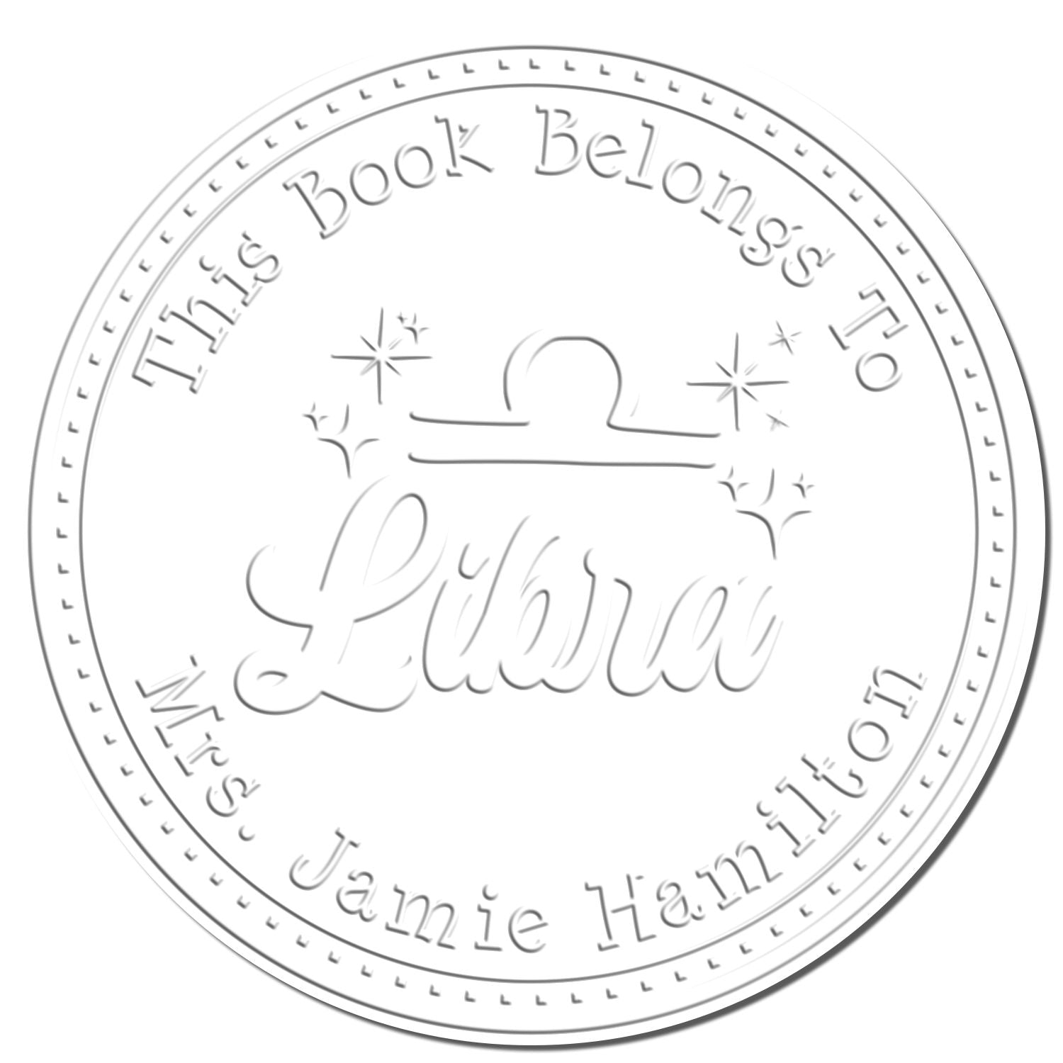 Desk Libra Zodiac Symbol with Scripted Font Personalized From The Library Of Paper Embosser - Engineer Seal Stamps
