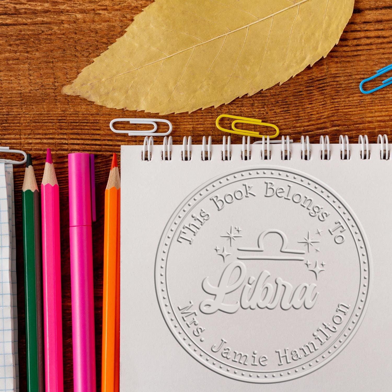 Hybrid Libra Zodiac Symbol with Scripted Font Personalized Book Ownership Paper Embosser - Engineer Seal Stamps