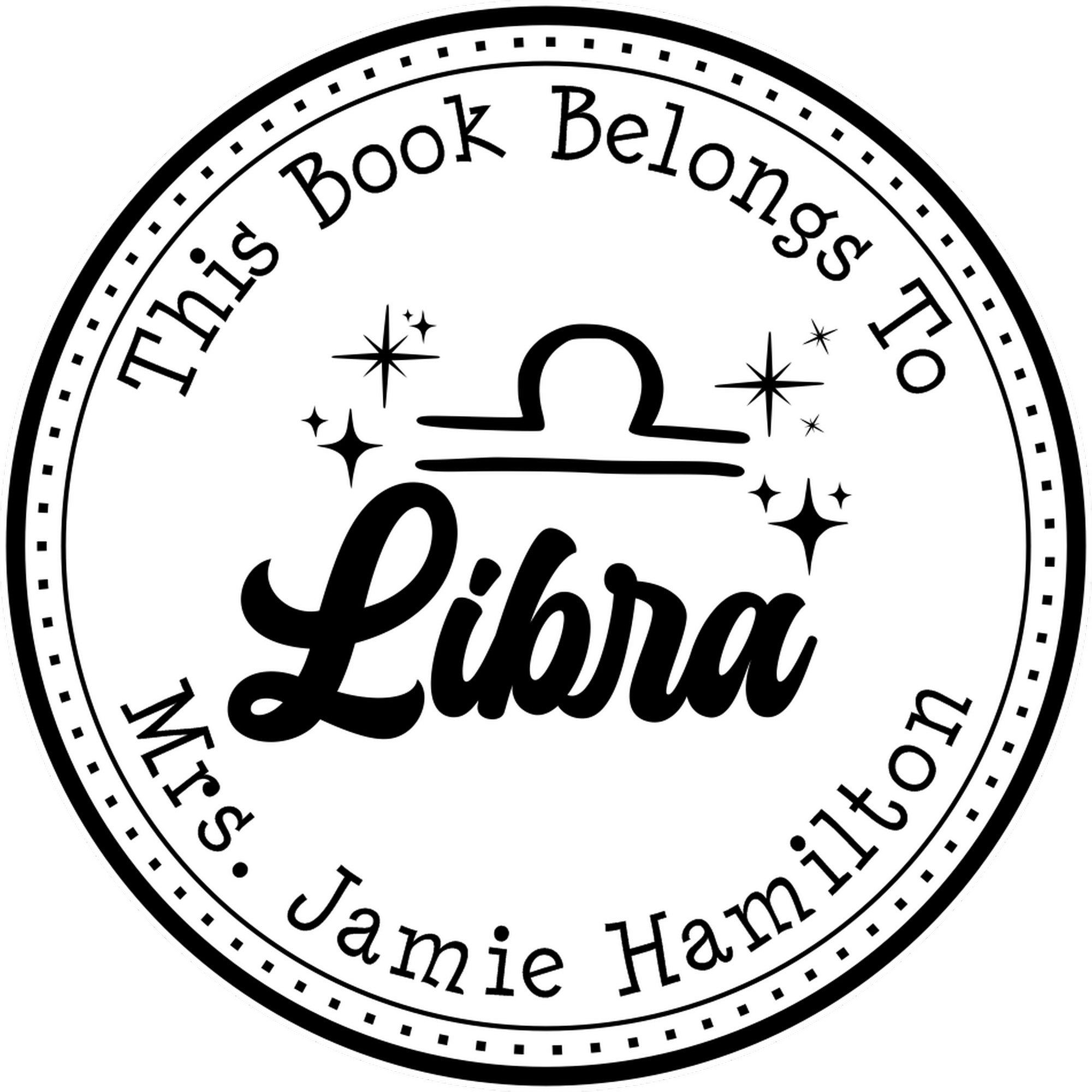 Self-Inking Libra Zodiac Symbol with Scripted Font Customized This Book Belongs To Stamper - Engineer Seal Stamps