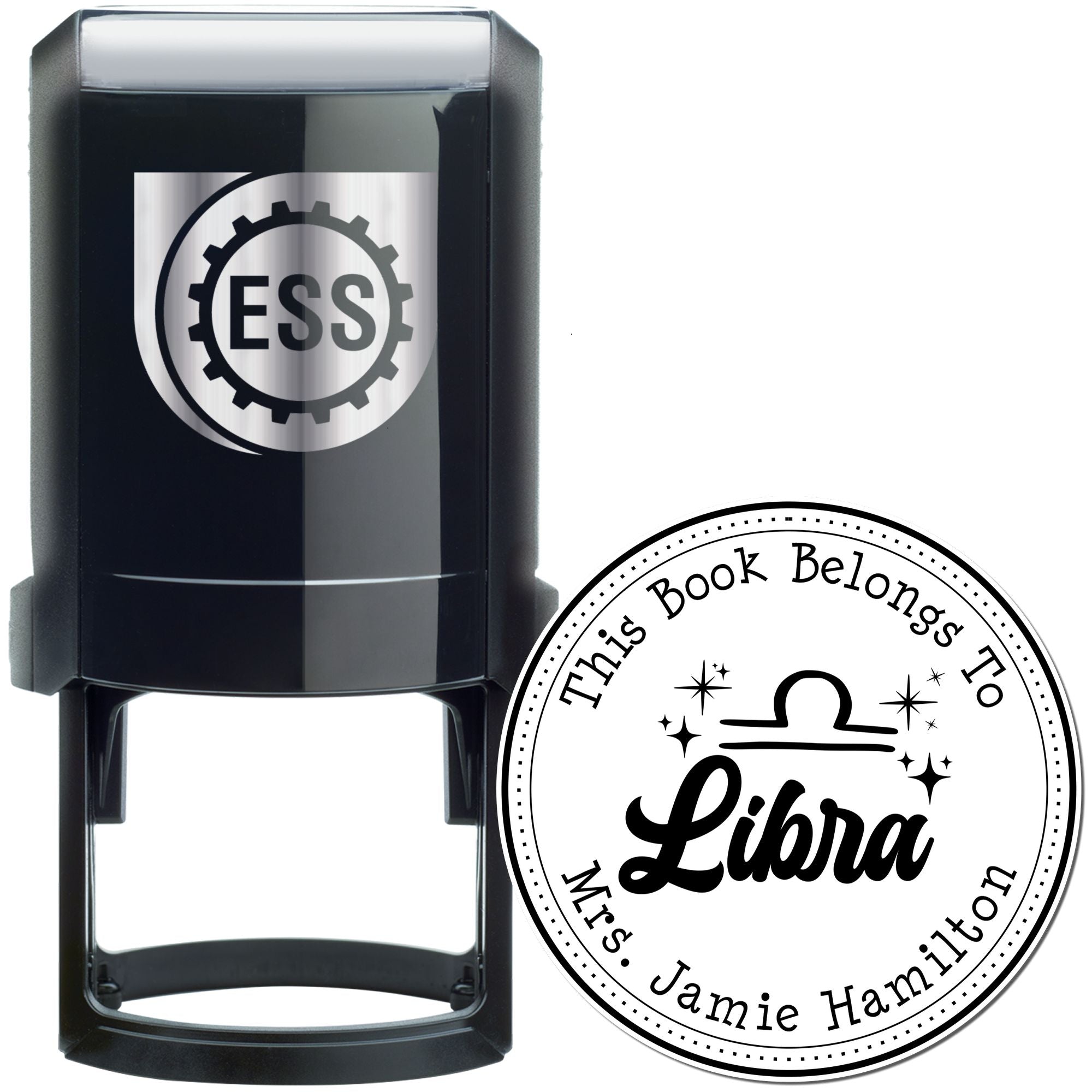 Self-Inking Libra Zodiac Symbol with Scripted Font Customized This Book Belongs To Stamper - Engineer Seal Stamps