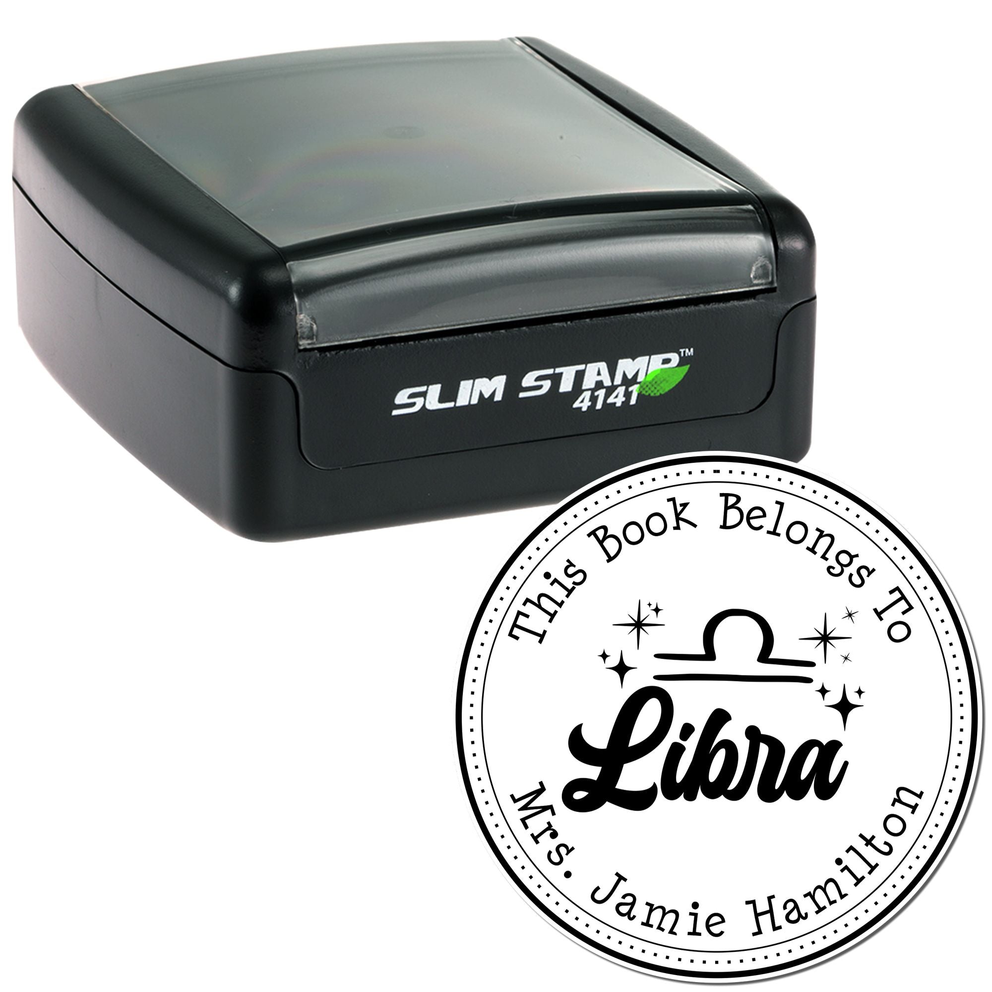 Pre-Inked Libra Zodiac Symbol with Scripted Font Custom Made Belongs To Stamper - Engineer Seal Stamps