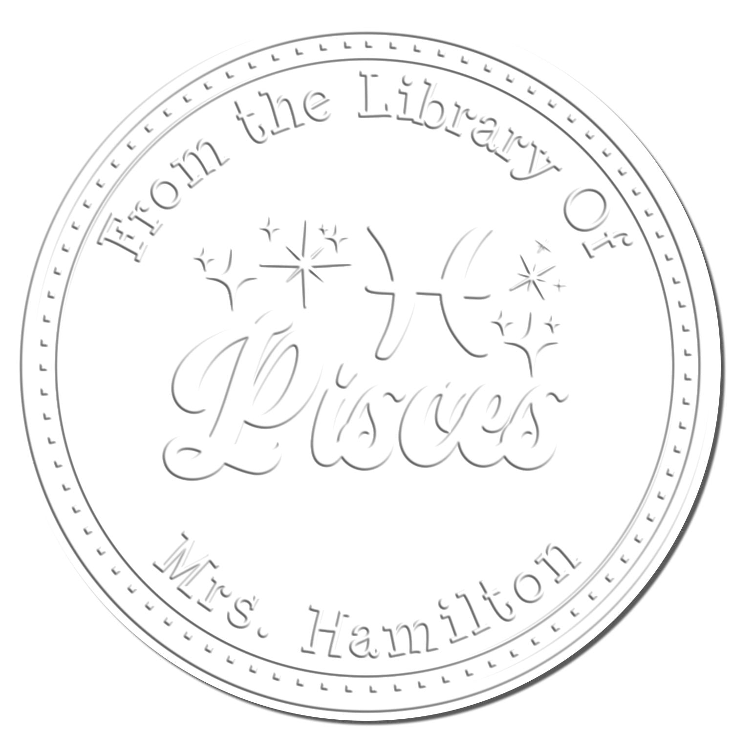 Hybrid Pisces Zodiac Symbol with Scripted Font Personalized Book Ownership Seal Press - Engineer Seal Stamps