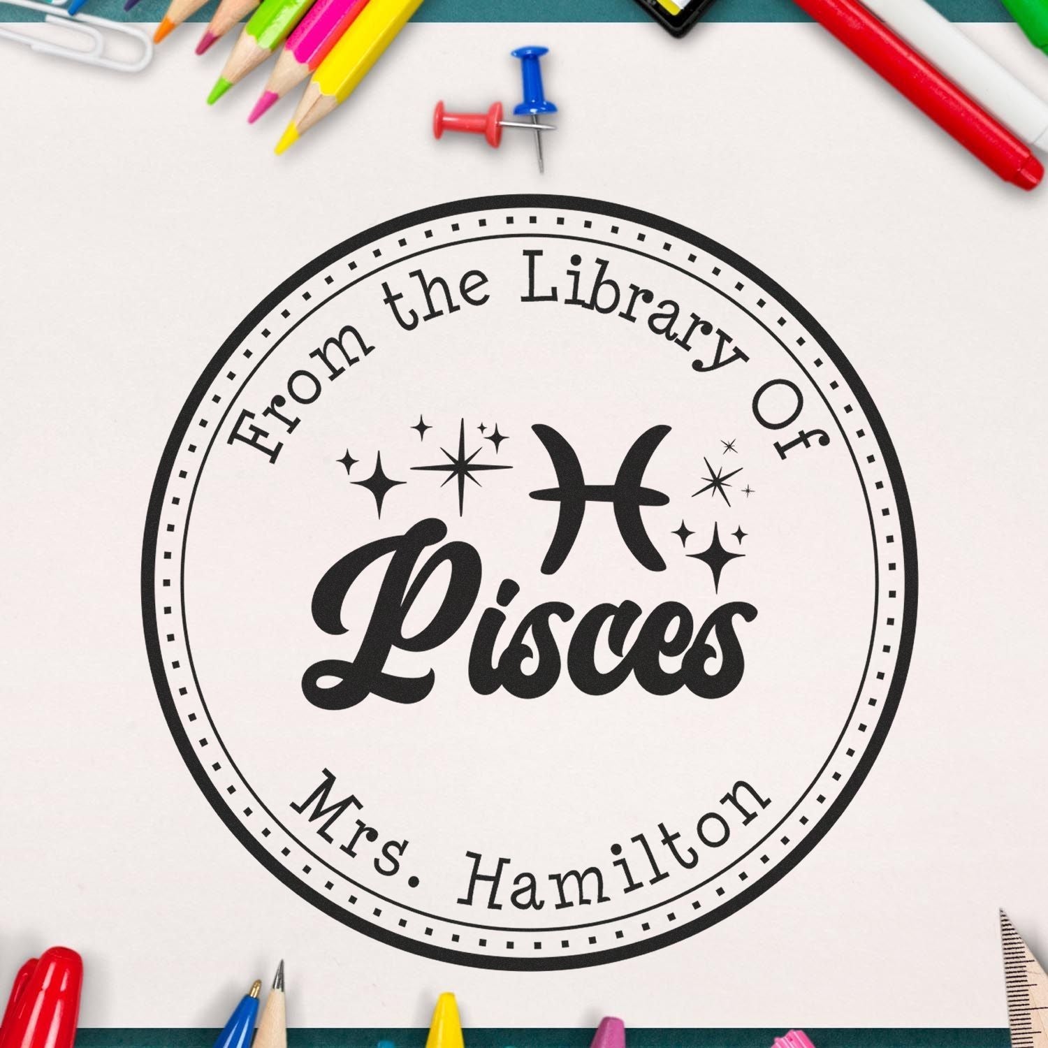 PSI Pre-Inked Pisces Zodiac Symbol with Scripted Font Custom Library Name Stamp - Engineer Seal Stamps