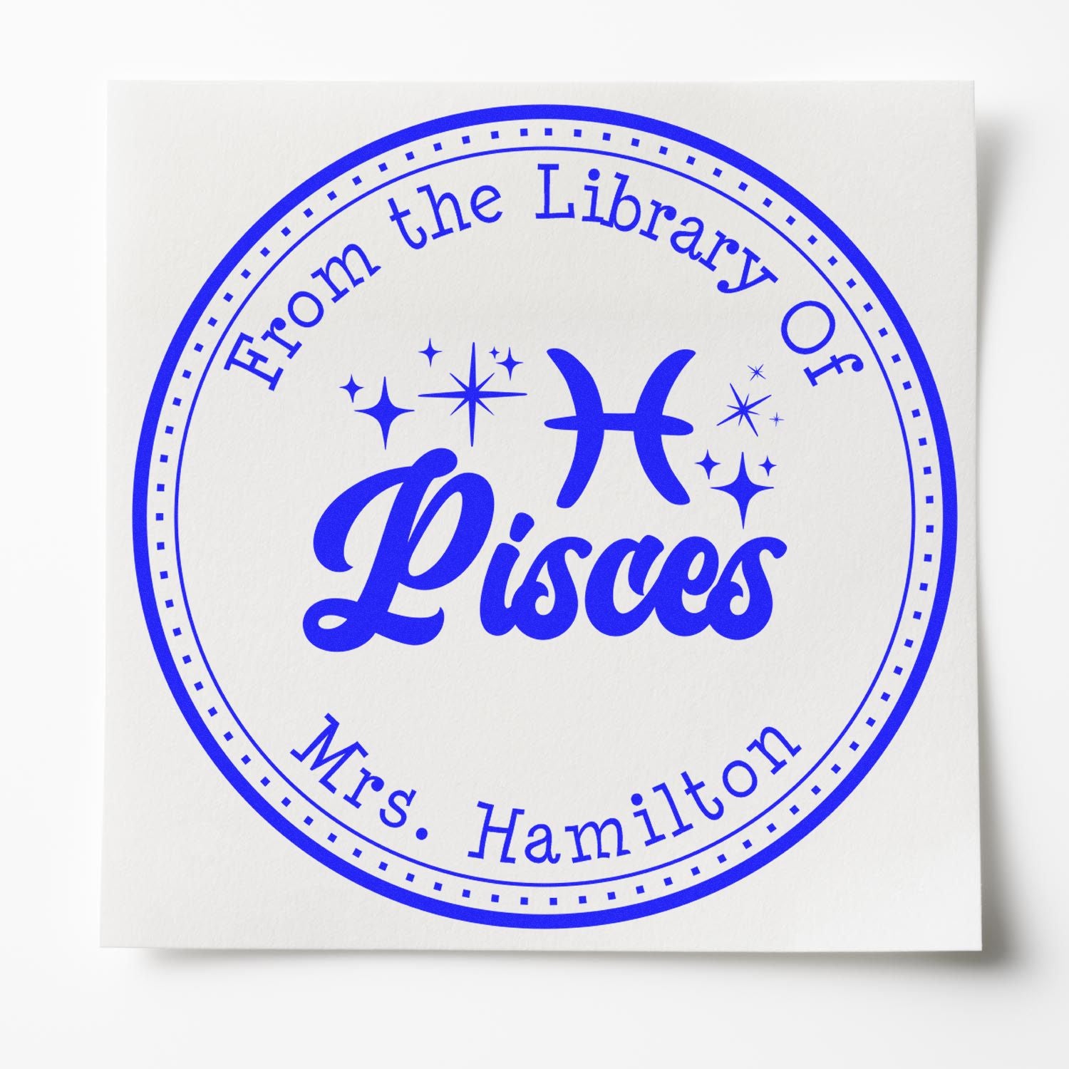 PSI Pre-Inked Pisces Zodiac Symbol with Scripted Font Custom Library Name Stamp - Engineer Seal Stamps