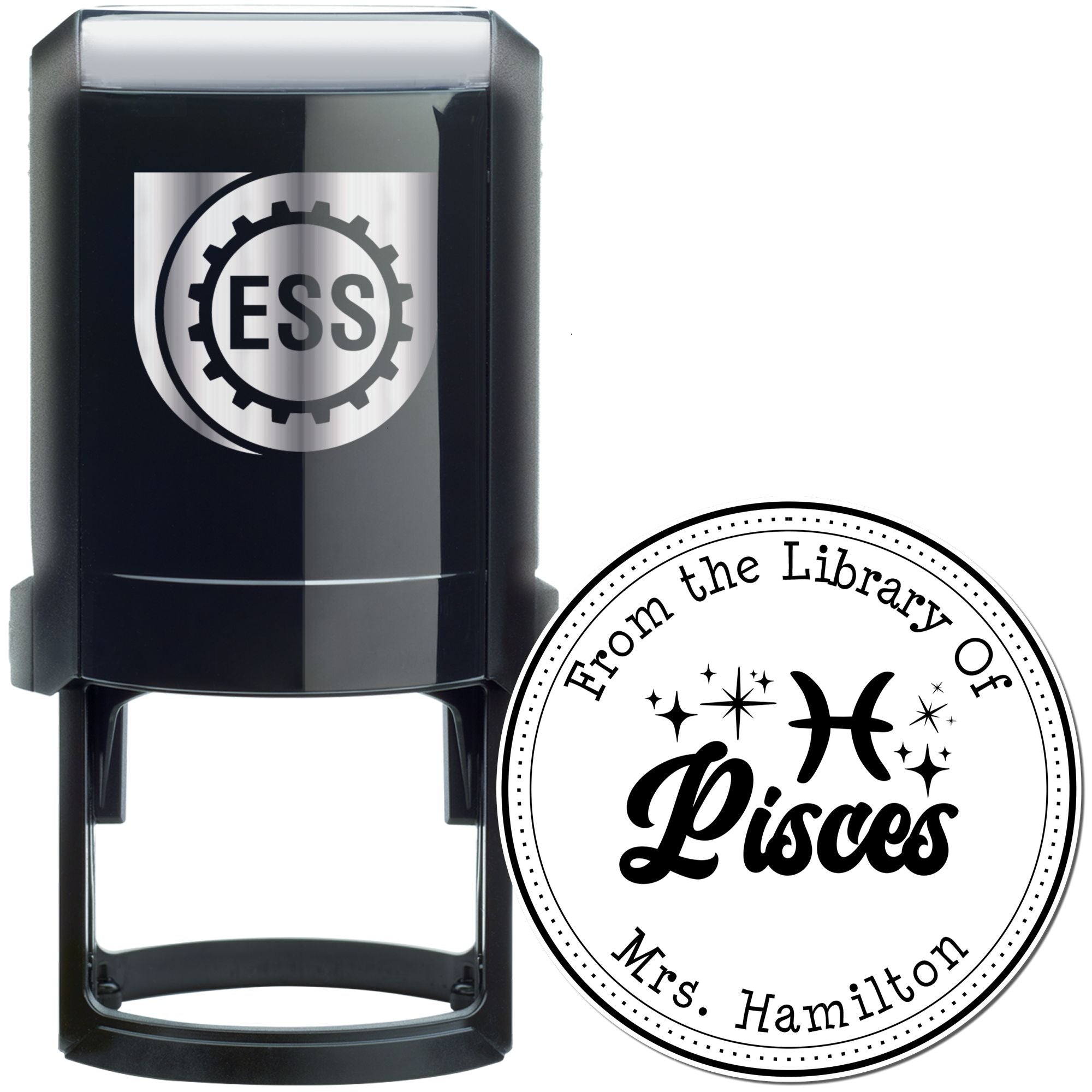 Self-Inking Pisces Zodiac Symbol with Scripted Font Custom Belongs To Stamp - Engineer Seal Stamps