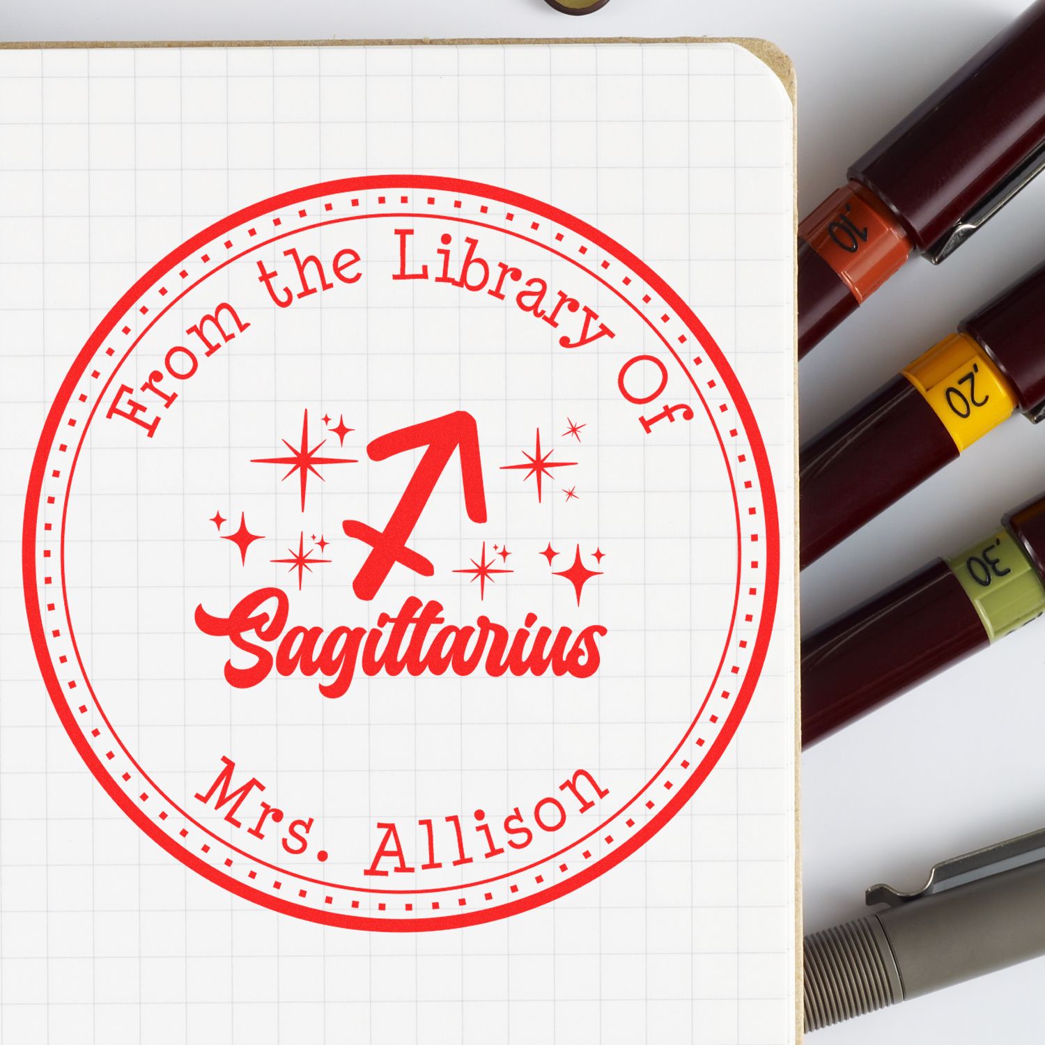 Self-Inking Sagittarius Zodiac Symbol with Scripted Font Custom Belongs To Stamper - Engineer Seal Stamps