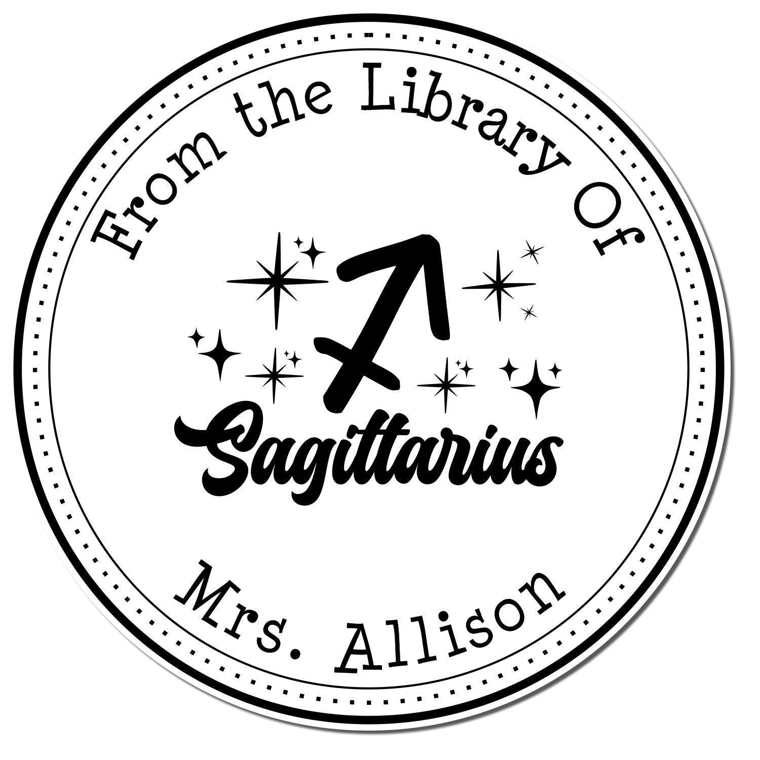 Pre-Inked Sagittarius Zodiac Symbol with Scripted Font Custom Made Bibliophile Stamper - Engineer Seal Stamps