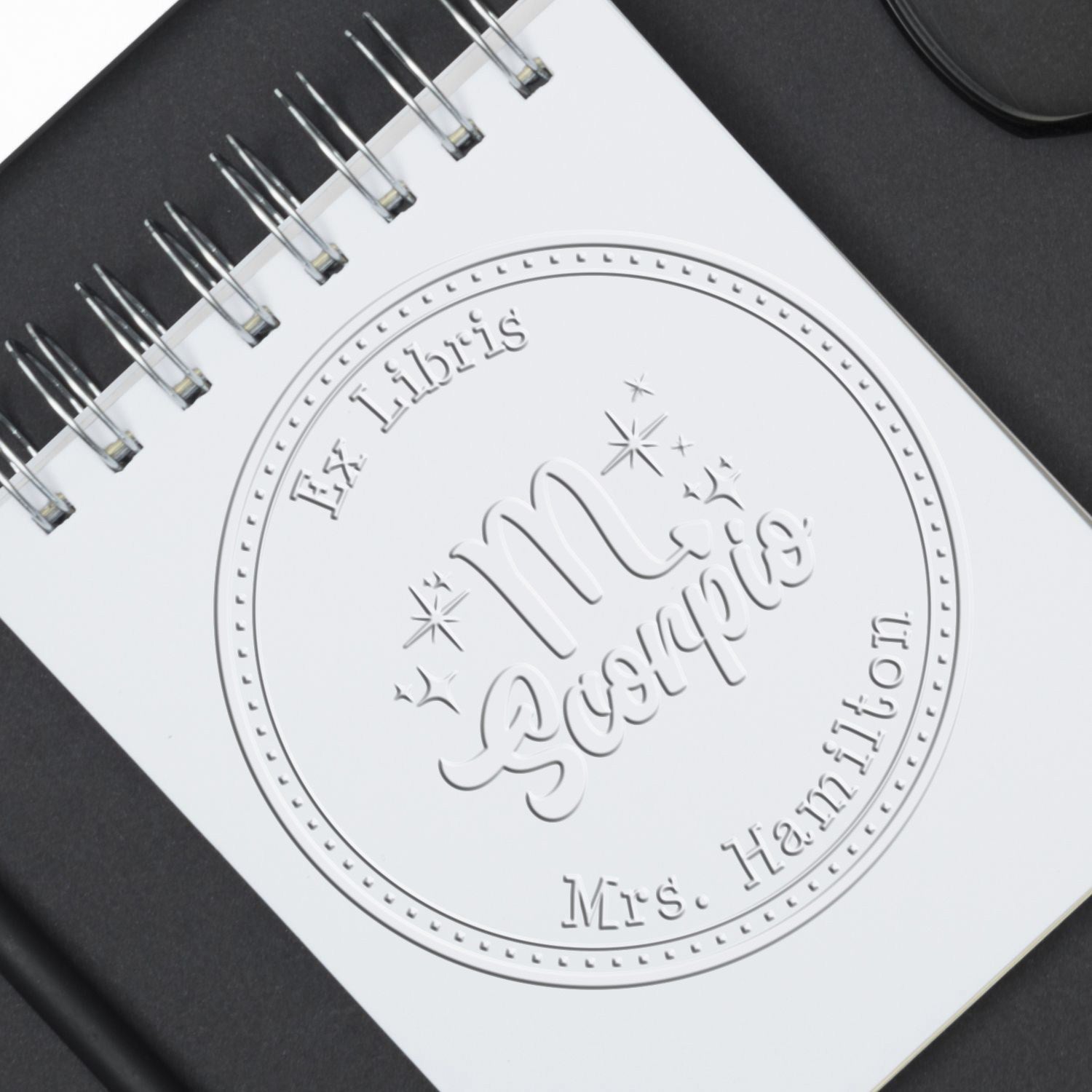Soft Scorpio Zodiac Symbol with Scripted Font Personalized Book Belongs to Embosser