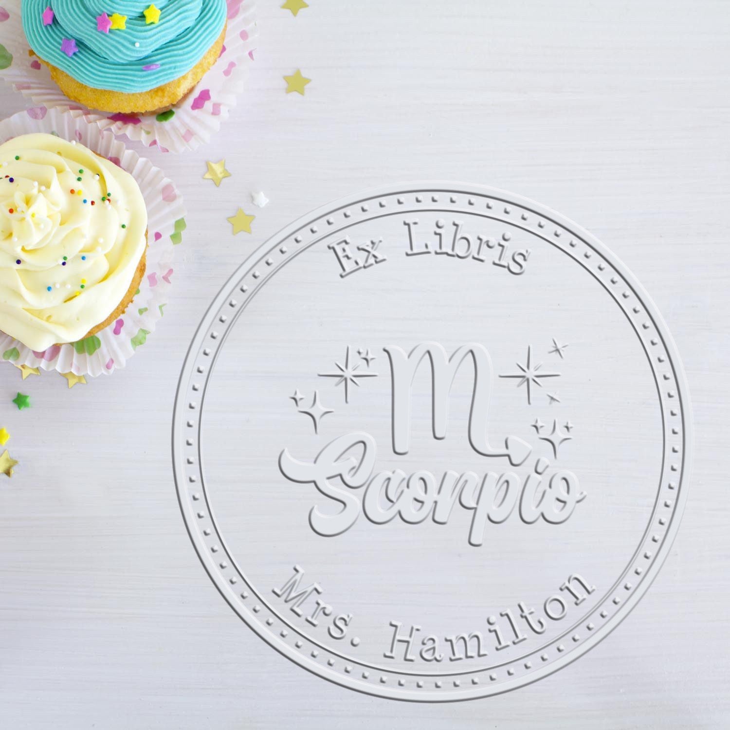 Soft Scorpio Zodiac Symbol with Scripted Font Personalized Book Belongs to Embosser - Engineer Seal Stamps