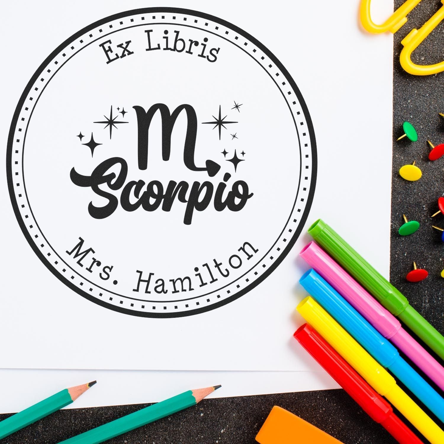 Pre-Inked Scorpio Zodiac Symbol with Scripted Font Custom Made Book Stamp - Engineer Seal Stamps