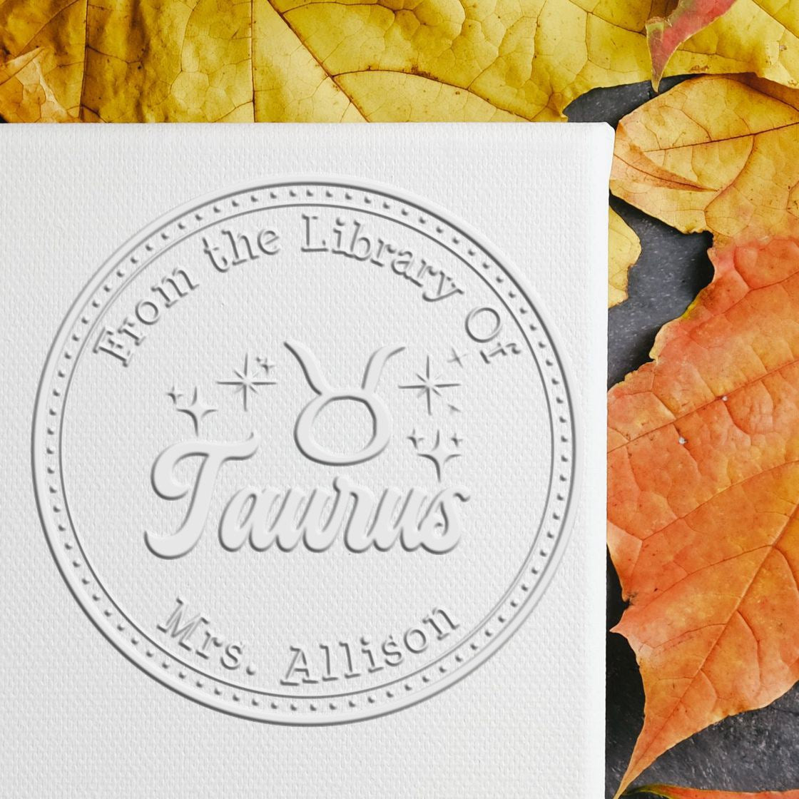 Soft Taurus Zodiac Symbol with Scripted Font Personalized Book Belongs to Embossing Seal