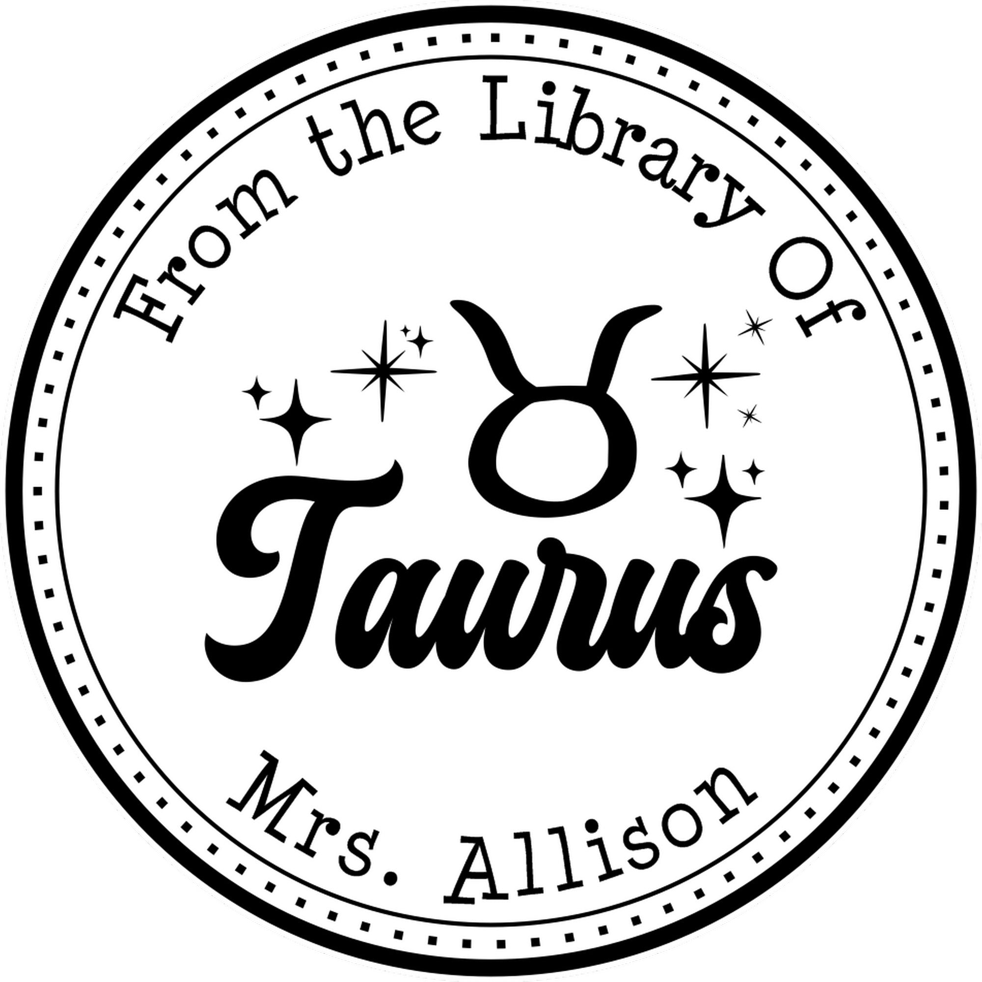 Wood Handle Taurus Zodiac Symbol with Scripted Font Customized Library Name Stamper
