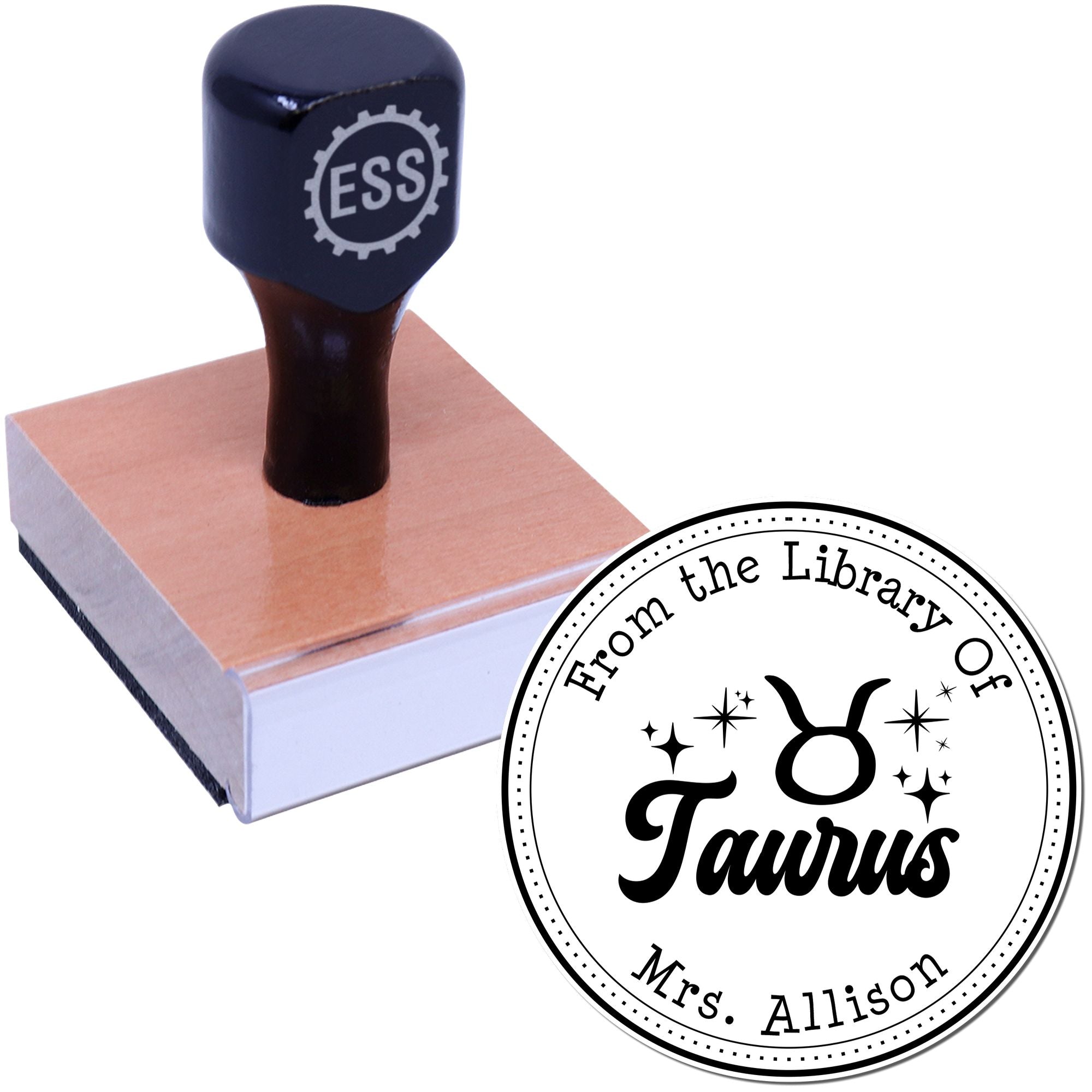 Wood Handle Taurus Zodiac Symbol with Scripted Font Customized Library Name Stamper