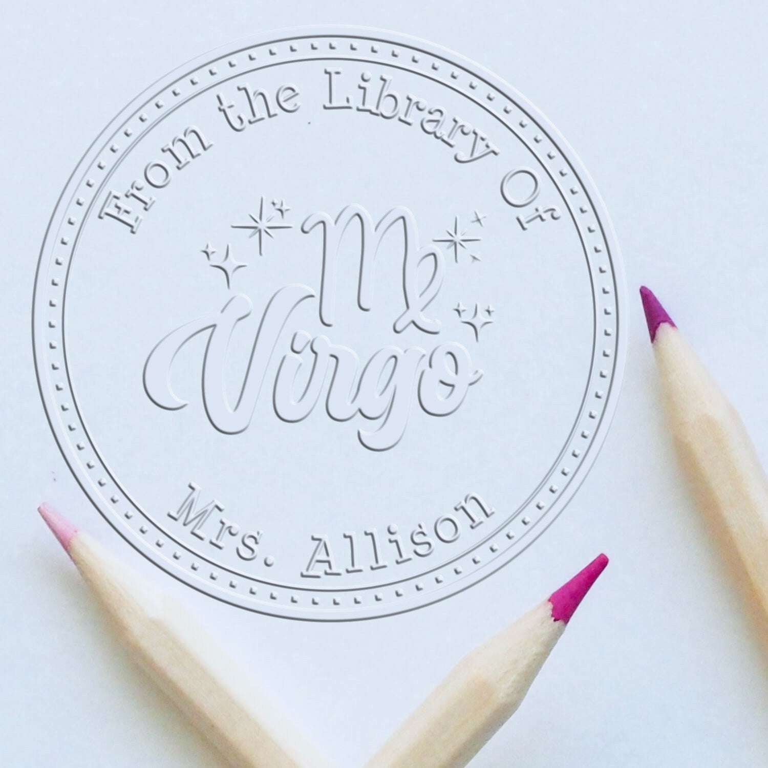 Soft Virgo Zodiac Symbol with Scripted Font Personalized Book Belongs to Embossing Stamp