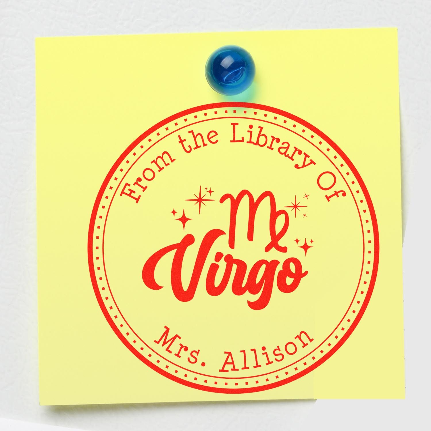 Pre-Inked Virgo Zodiac Symbol with Scripted Font Custom Made Book Belongs to Stamp - Engineer Seal Stamps