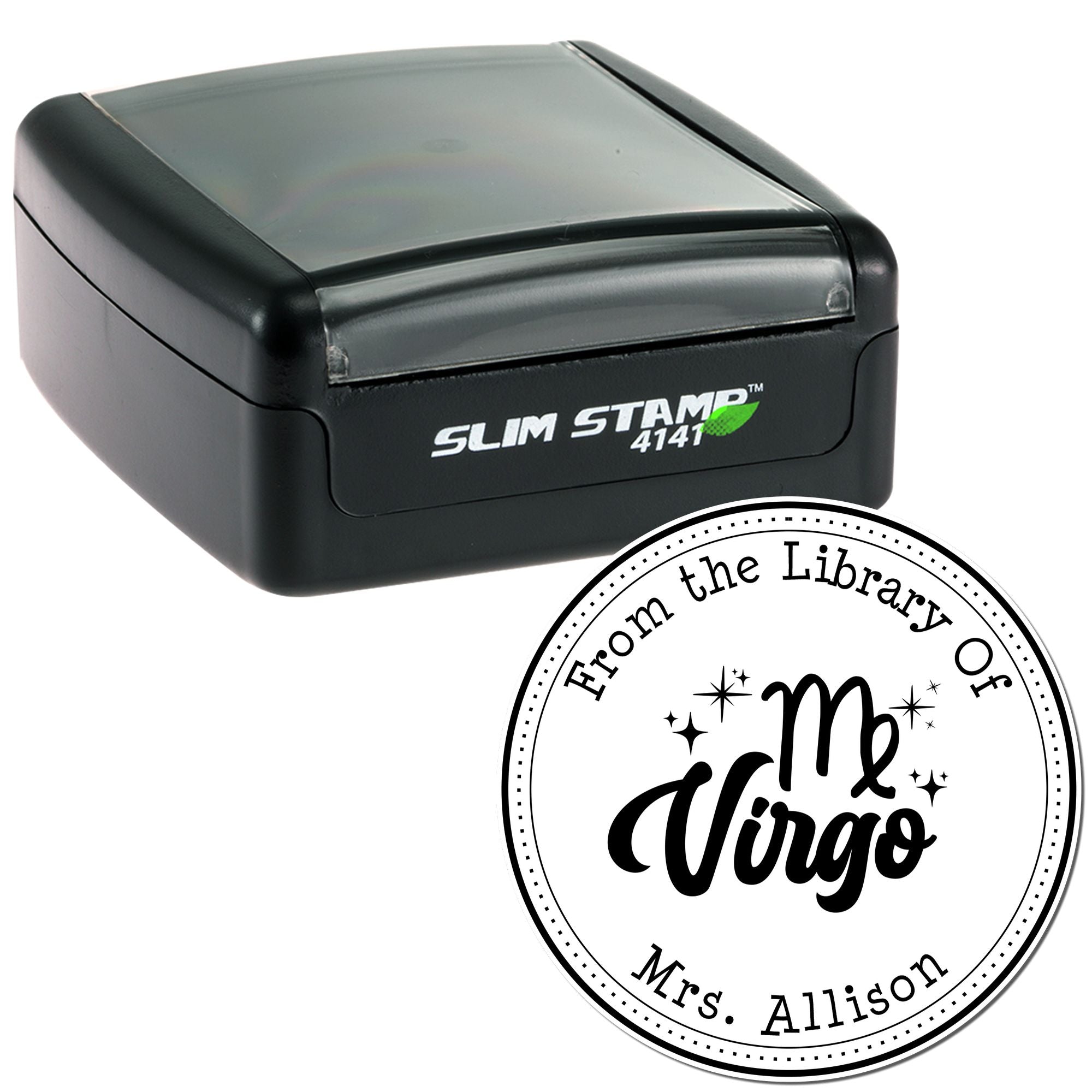 Pre-Inked Virgo Zodiac Symbol with Scripted Font Custom Made Book Belongs to Stamp - Engineer Seal Stamps