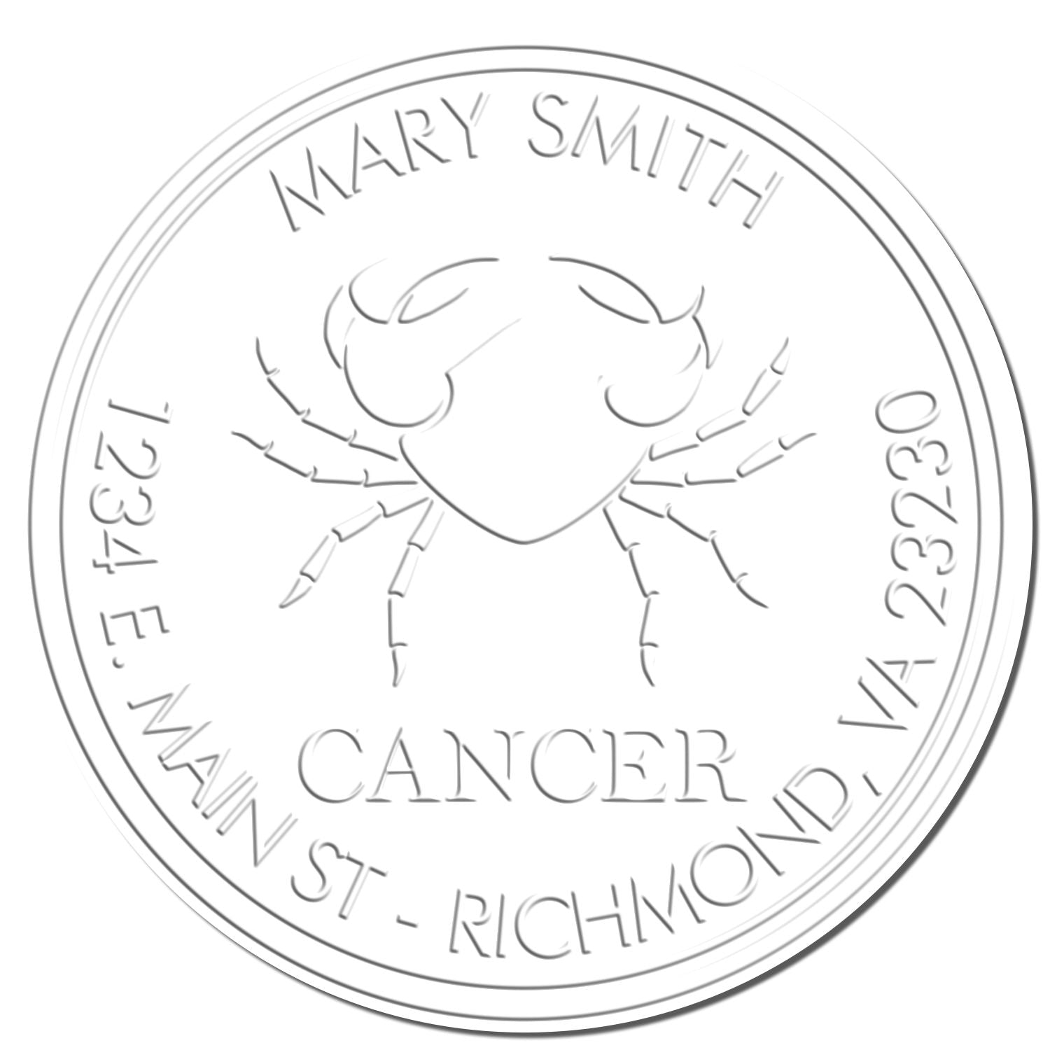 Custom circular embossing seal stamp with silver heart-and-crab design, Mary Smith, Cancer, Richmond VA 23230