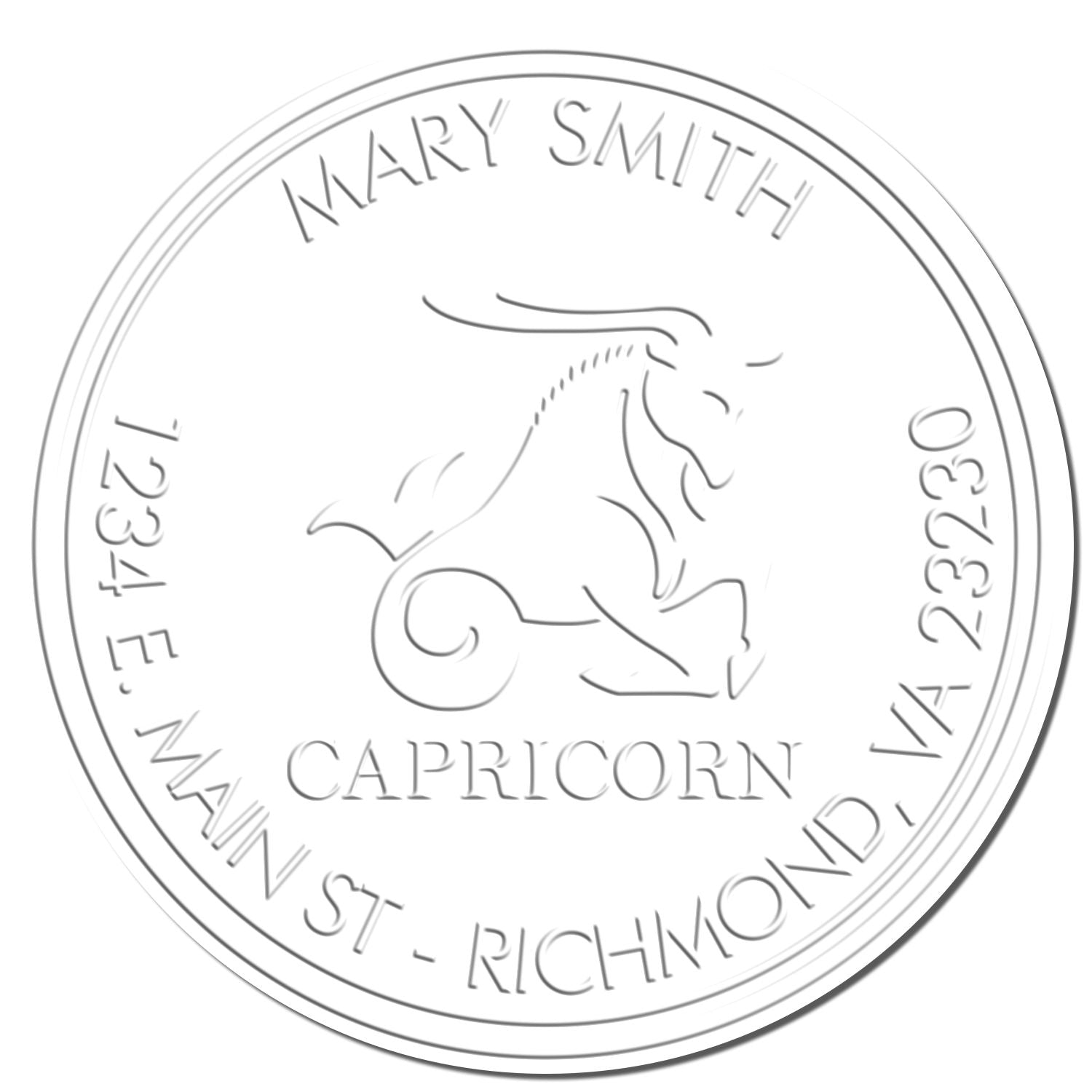 White embossed circular stamp seal for Mary Smith, Capricorn, with double border and centered zodiac emblem.