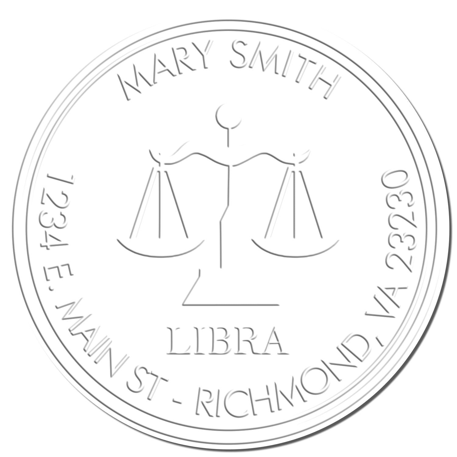 White embossed legal seal stamp for Mary Smith, with scales of justice and circular law office text.