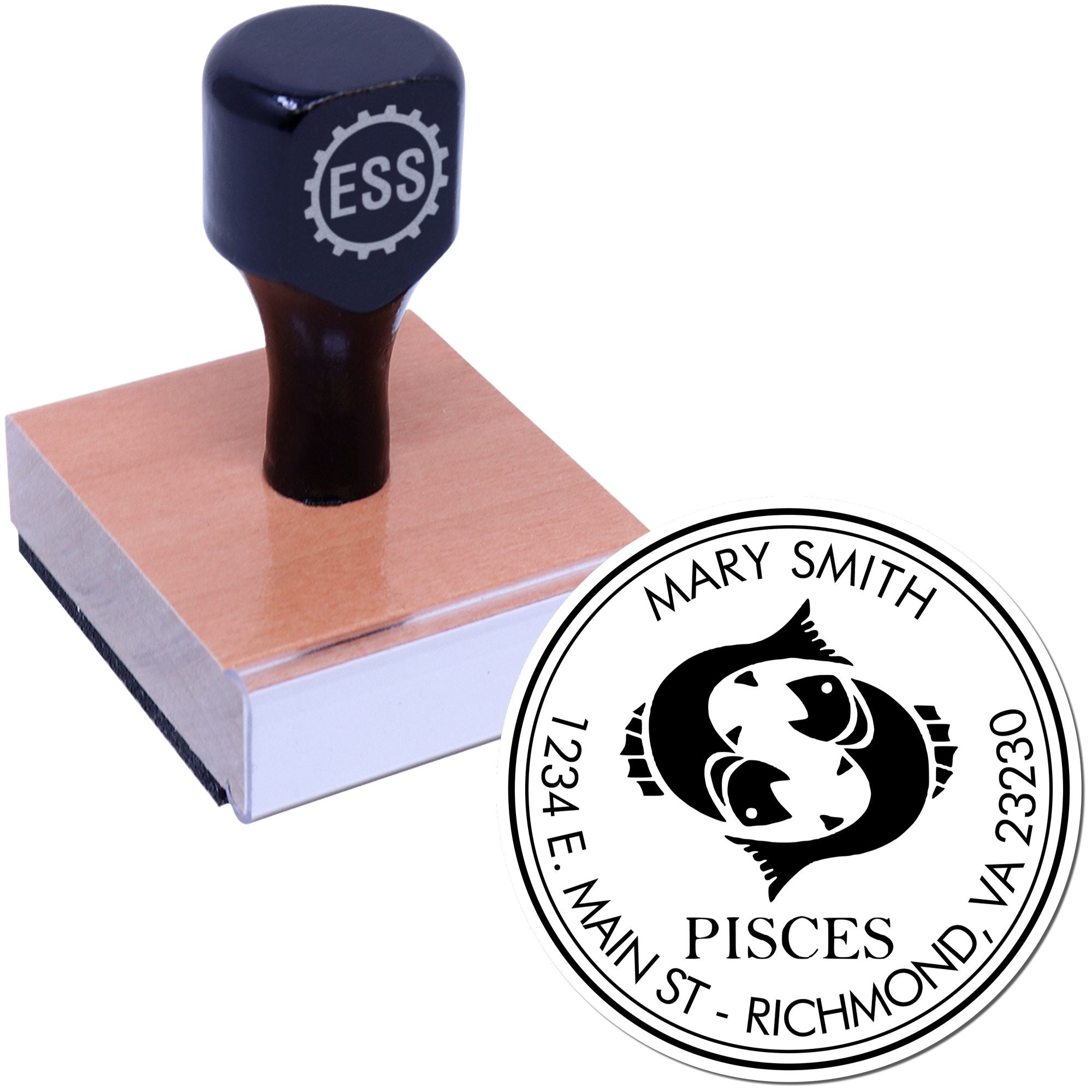 Wood Handle Pisces Swimming Custom Home Address Stamp - Engineer Seal Stamps