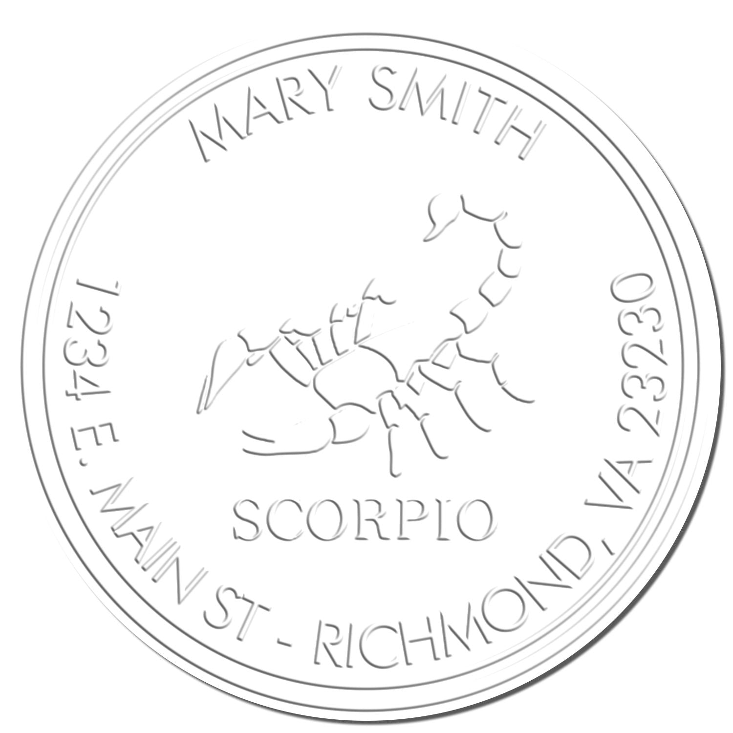 White embossed circular stamp seal for Mary Smith, Scorpio, with scorpion graphic and Richmond, VA address.