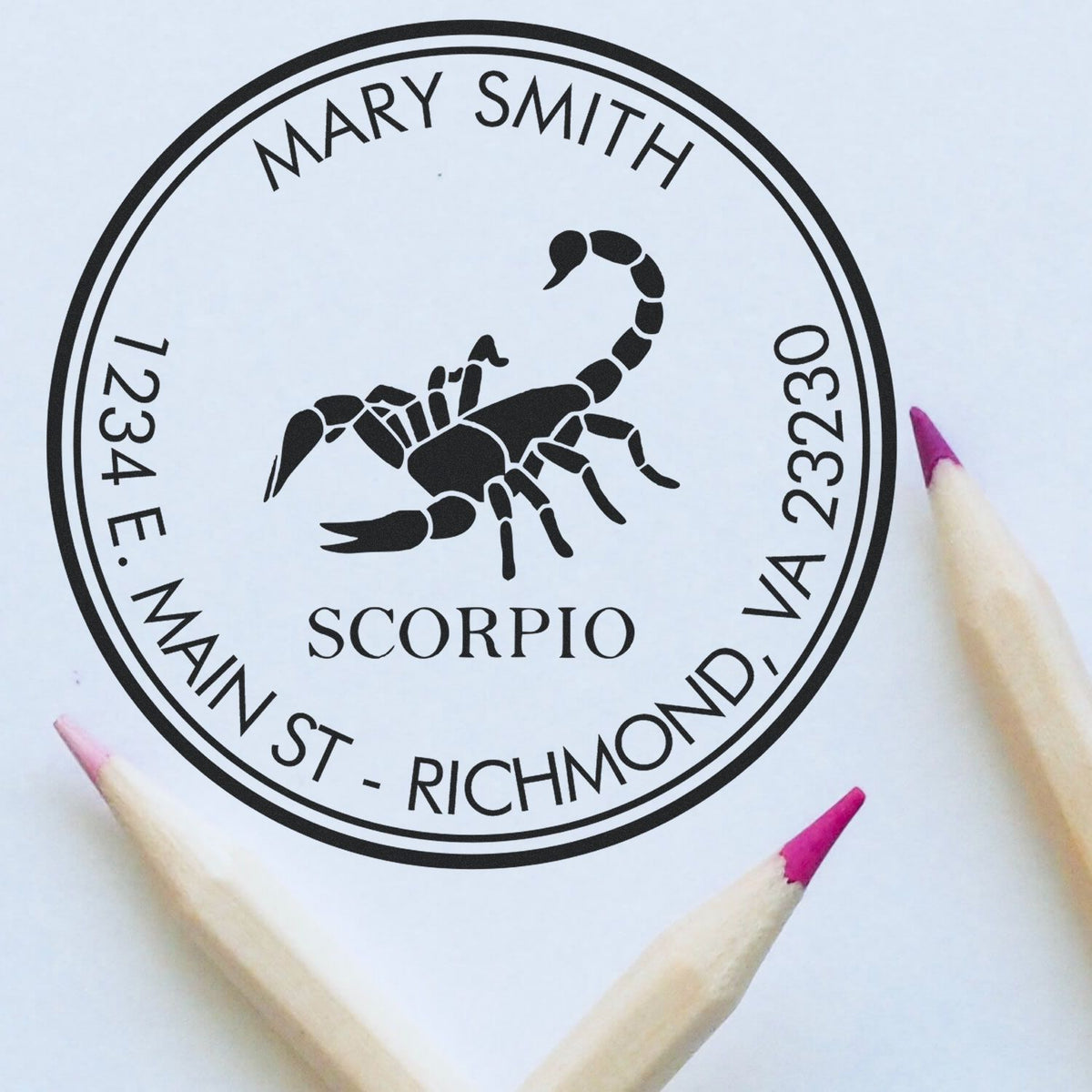 Black circular custom stamp seal for Mary Smith, featuring a Scorpio scorpion and address on a white background.